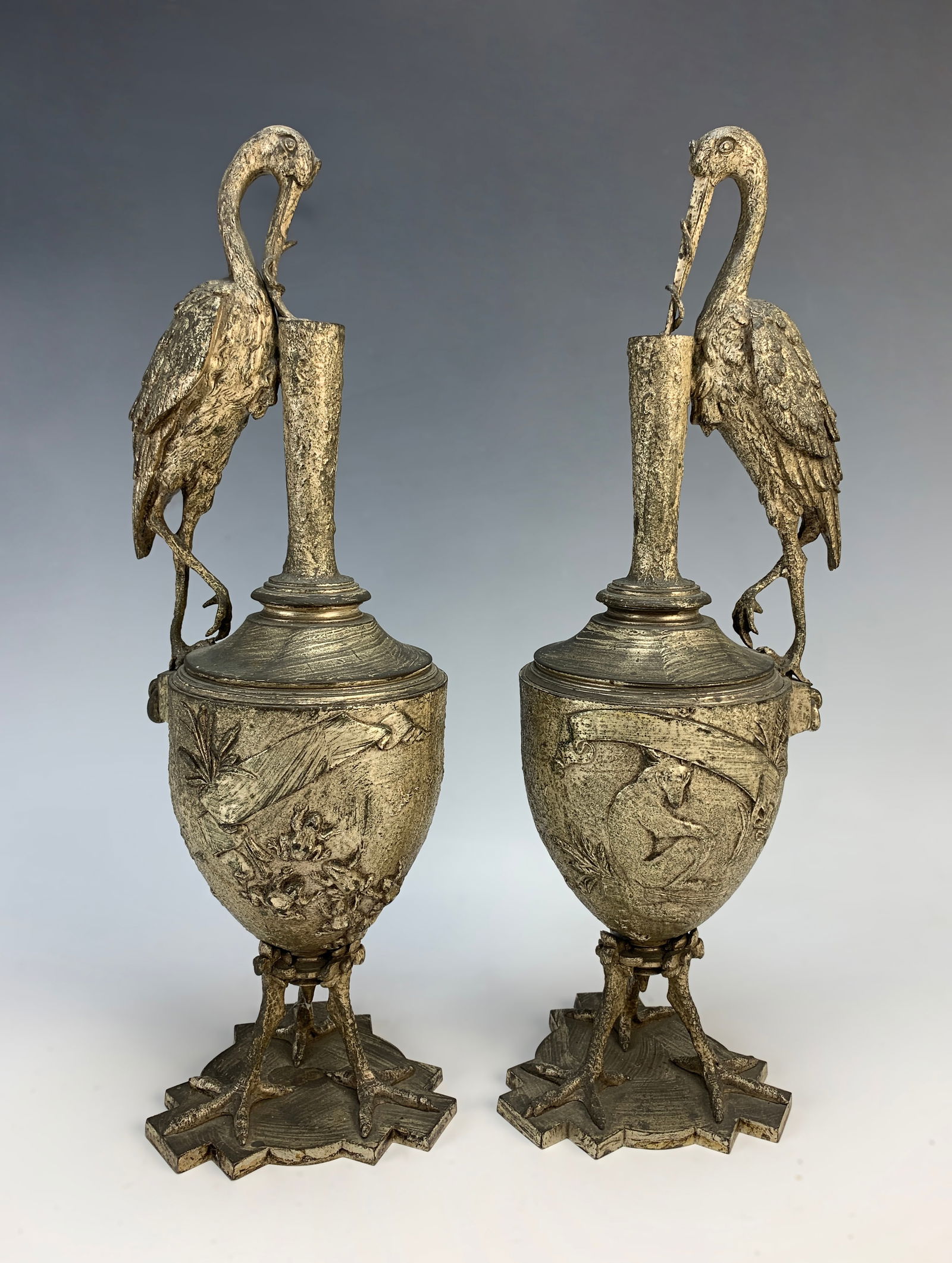 Pair of Silvered Bronze Figural Vases with Storks (1 of 5)