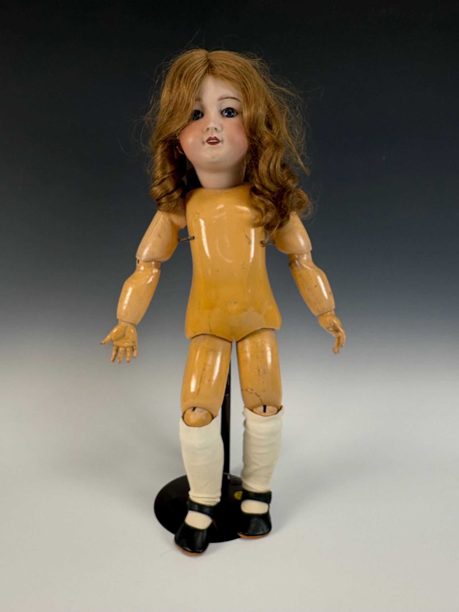 Bebe Jumeau Doll 25 with Bisque Head: Lovely Jumeau Bébé doll with bisque head marked “25”, "France", and red Bebe“Tête Jumeau” Paris stamp. Features blue sleep eyes, open mouth, pierced ears with earrings, and original