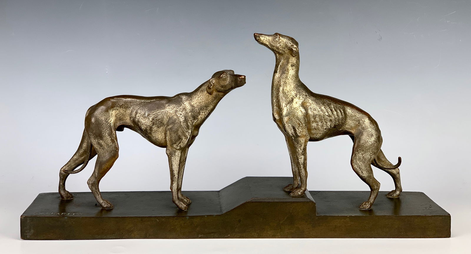 Charles Charles Art Deco Bronze of 2 Greyhounds: Nice art deco 1920s French bronze of 2 greyhounds, signed "C. Charles" with foundry stamp "Societe des Bronzes de Paris", his teacher was Antoine Injalbert, he exhibited in Paris at the Salon of the A