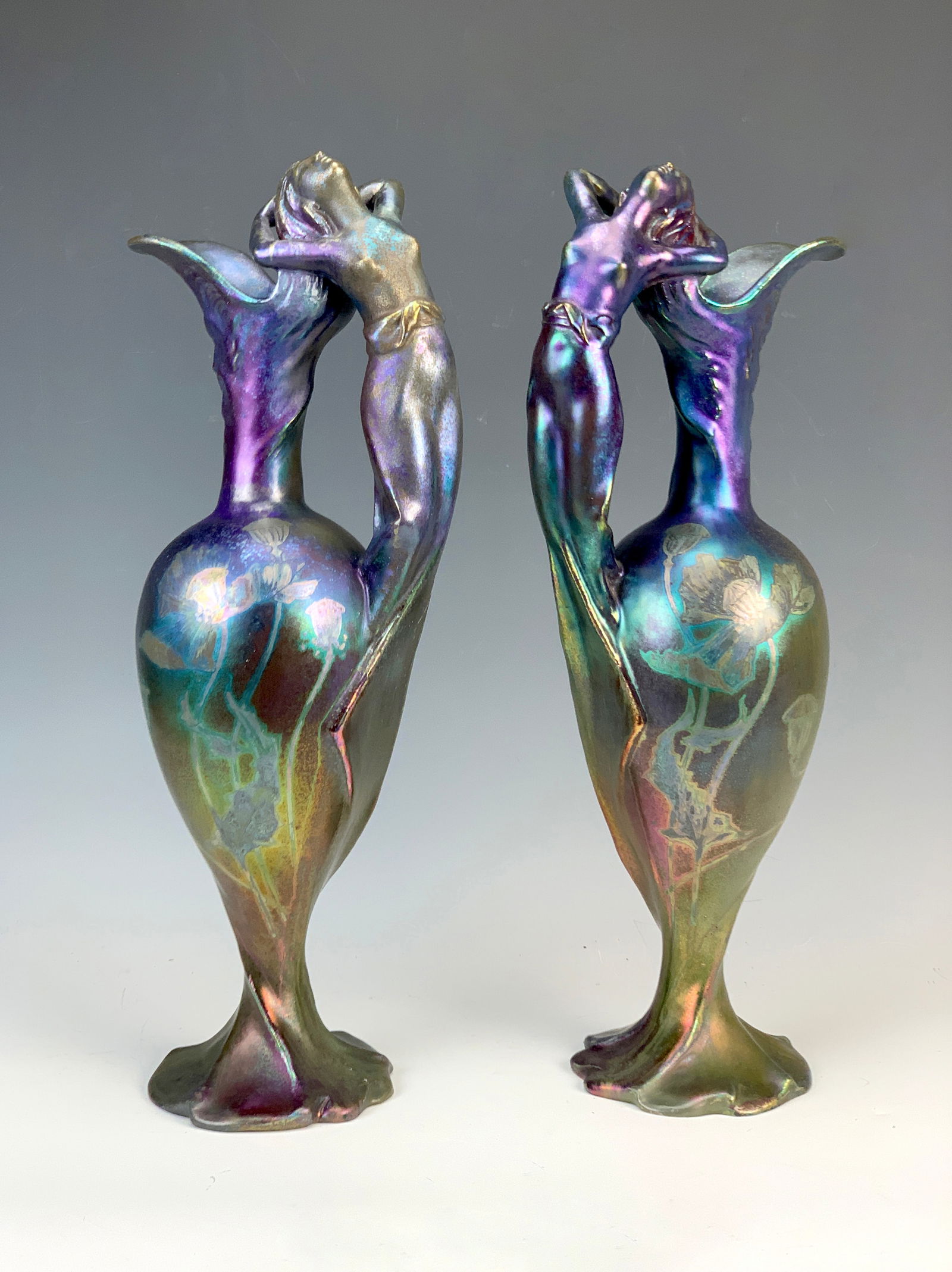 Pair Delphin Massier Art Nouveau Iridescent Ewers (1 of 3)