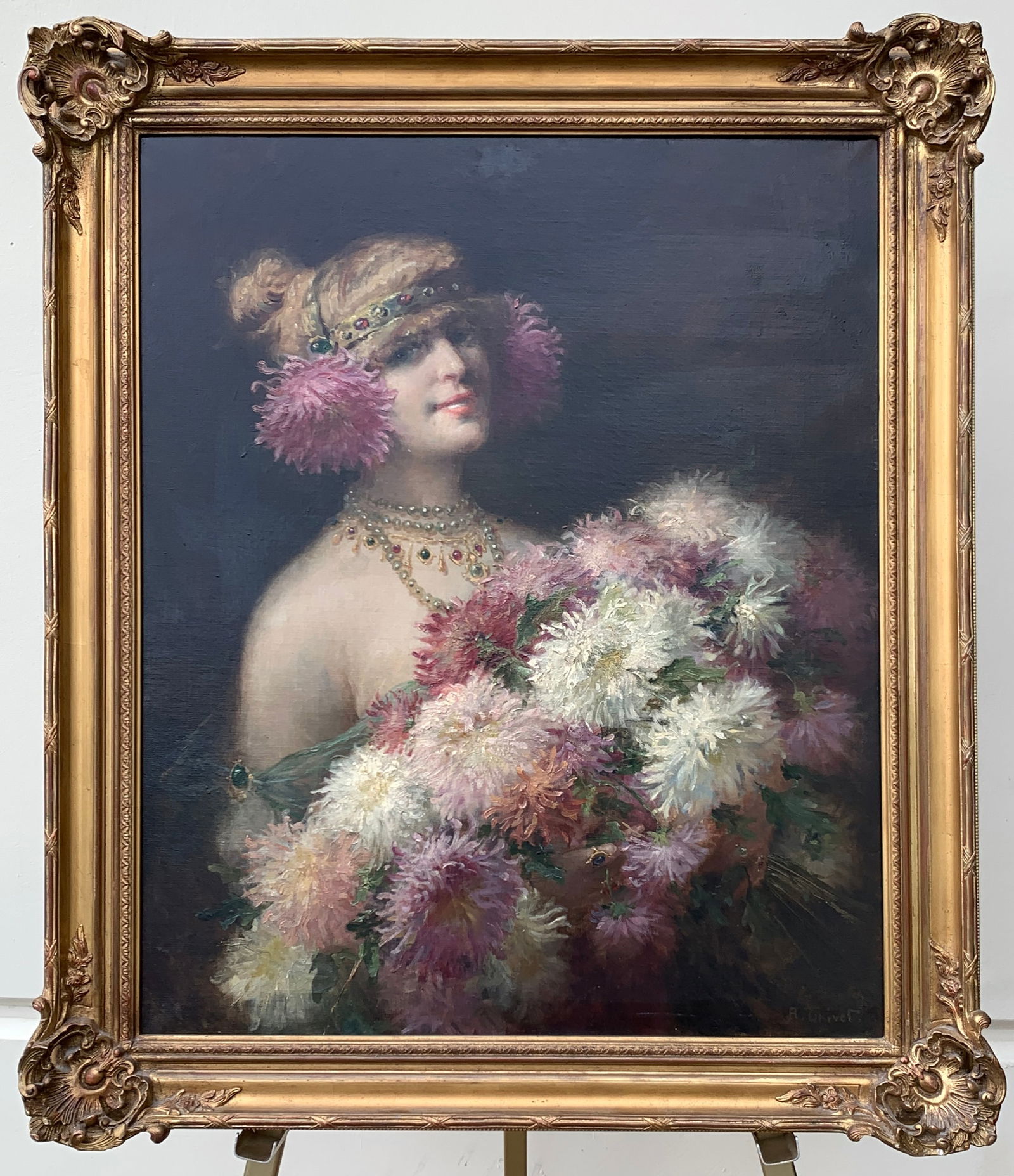 Antoine Auguste Thivet Art Nouveau Oil Painting: Antoine Auguste Thivet (1856-1927) Beautiful period oil on canvas of an Art Nouveau beauty with flowers mounted in ornate frame, good overall condition, one small patch, sight 32"x 26", framed 37.5"x