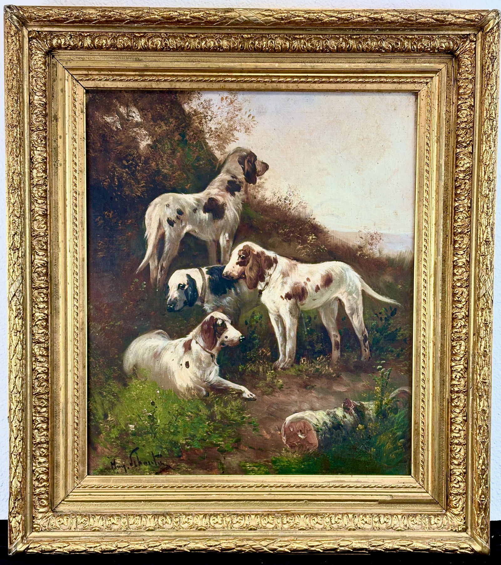 Henry Schouten “Dogs Resting" Oil Painting: Henry Schouten (1864–1927) late 19th-century oil on canvas depicting dogs at rest in a fabulous ornate gilt frame, signed lower left, good condition. Sight 25.5" x 22", framed 34” x 30”