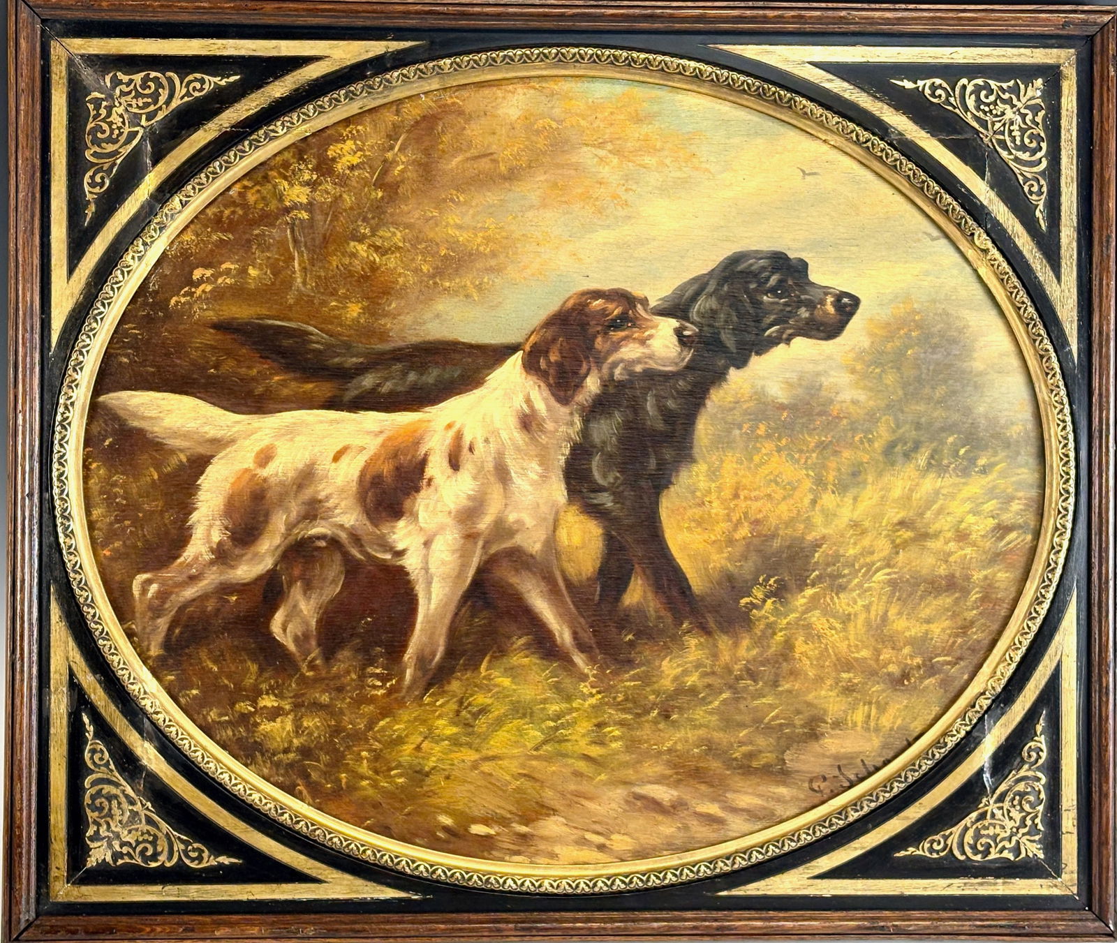 P. Schouten Pair of Hunting Dogs Oil Painting (1 of 5)