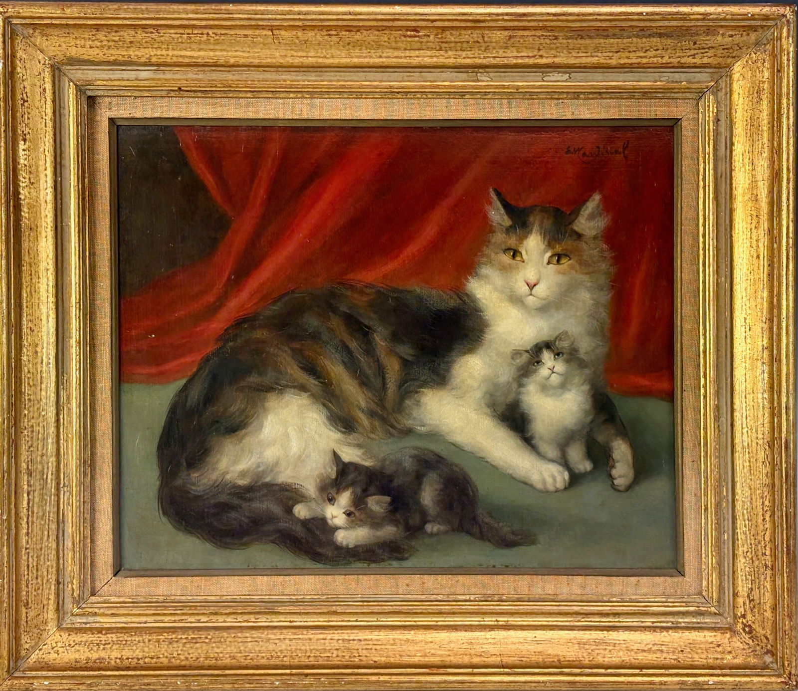 Emile Cardinal Cat & Her Kittens Oil Painting: Emile Valentin Cardinal (1883–1958) oil on panel depicting a scene of a mother cat with her kittens posed before a rich red curtain backdrop, signed at the upper right, In a very good condition. Sig