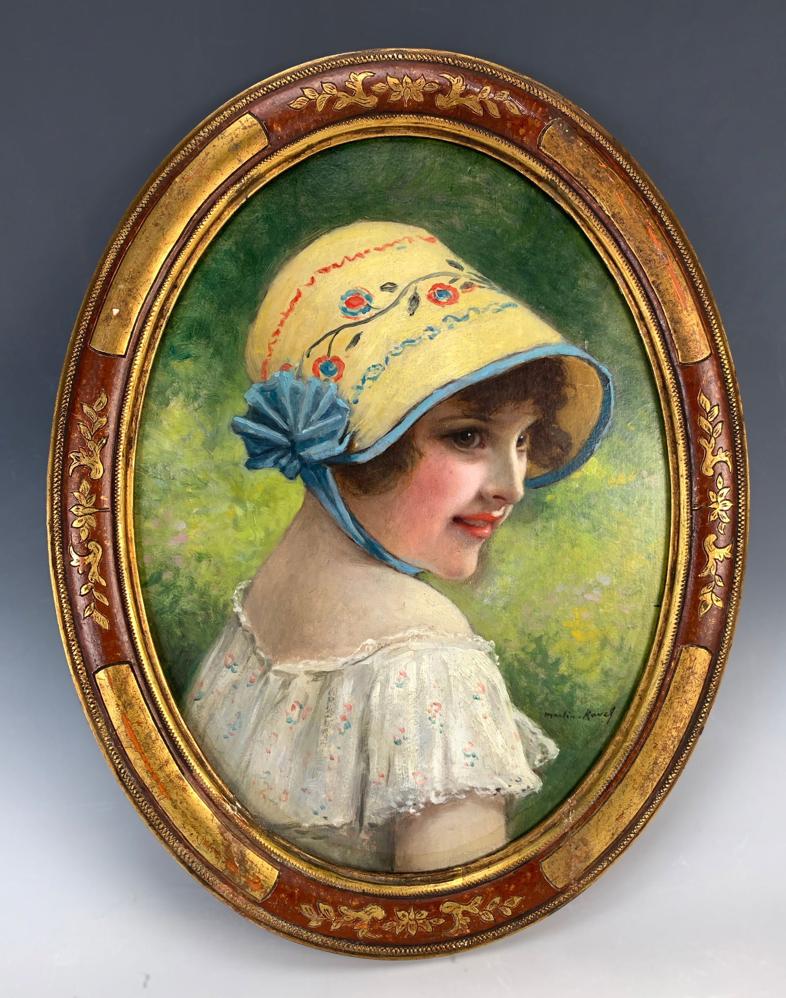 Francois Martin Kavel "A Beauty" Oil Painting: Francois Martin Kavel (1861-1931) Oil on board, signed lower right Martin Kavel. Portrait of a young girl mounted in its original oval frame. Sight 15.5" tall x 11.5" wide. framed 18.25" tall x 15.5"