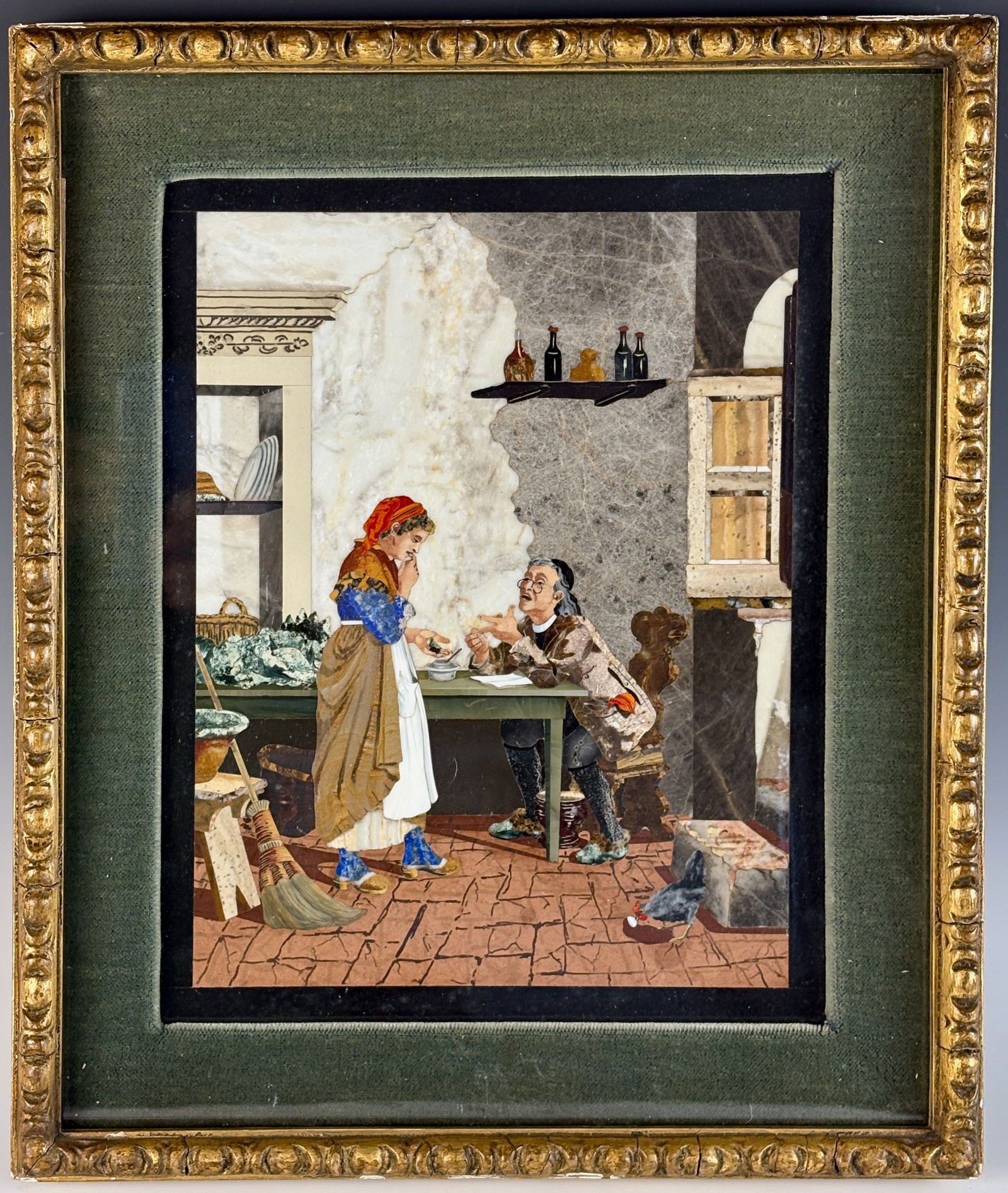 Pietra Dura Plaque Couple in the Kitchen: A very fine late 19th-century pietra dura (marble inlay) depicting a couple in a kitchen scene. Mounted in a simple gilt frame with protective glass. Sight 9.5”× 12” framed 13.75”×