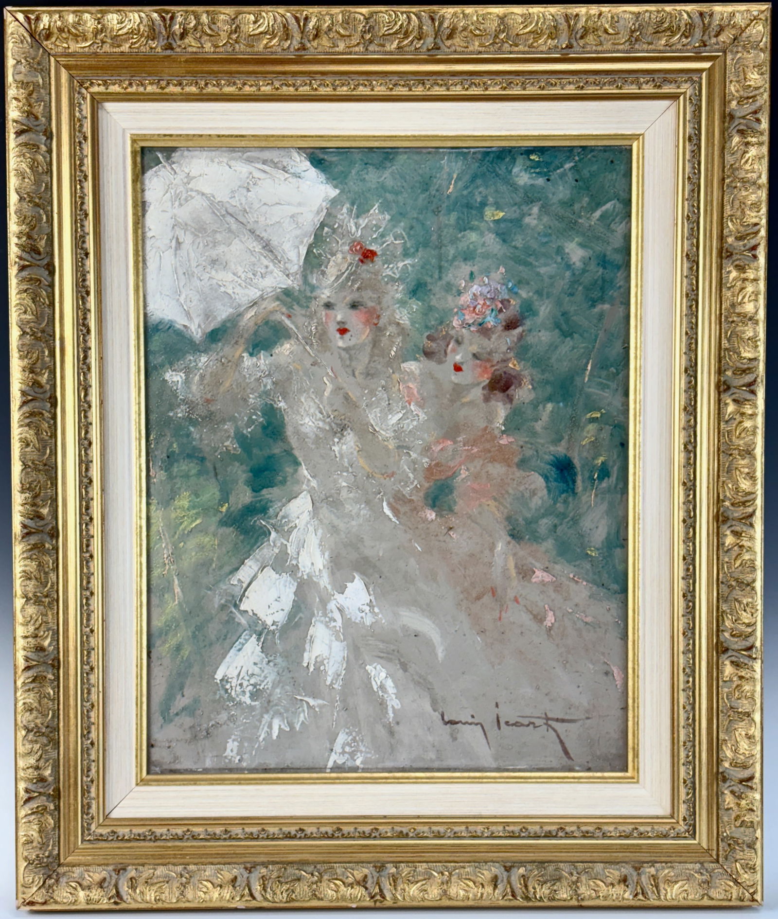 Louis Icart 2 Dames au Printemps Oil Painting: Circa 1930 A delightfully composed original oil on board by Louis Icart (1888–1950) capturing an elegant French scene of two well-dressed ladies, one holding a parasol. Mounted in a gilt frame and g