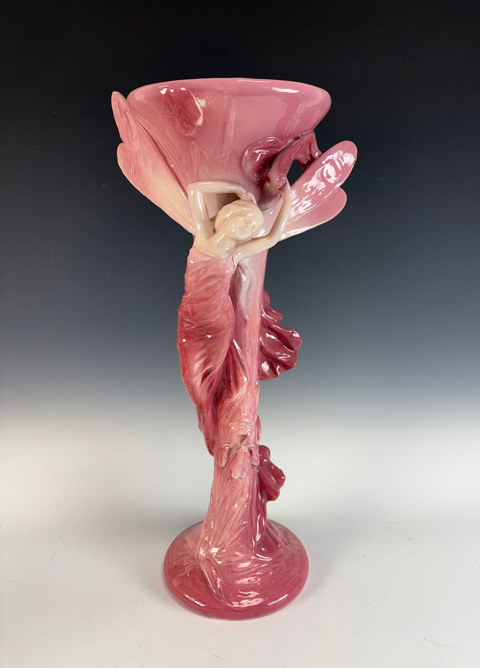 Delphin Massier Monumental Fairy Vase: A monumental vase (25") signed "Delphin Massier, Vallauris" having a winged fairy and decorated with irises and cattails, an impressive example of French art pottery with strong decorative presence. 2