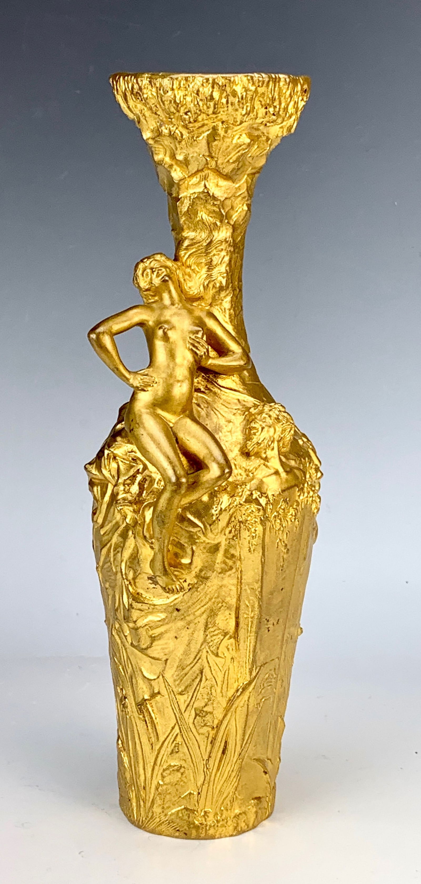 Art Nouveau Gilt Bronze Nude Satyr Bronze Vase: C. 1890 Jules Meliodon (France 1875-1940) Art Nouveau gilt bronze figural vase with nude Satyr and naturalistic decoration, signed "Jules Meliodon" and dated 1896, very good condition, 11.75" tall
