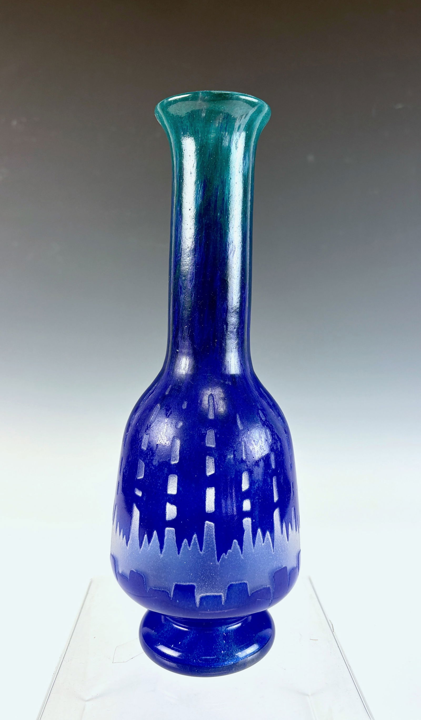 Le Verre Francais Chicory Cameo Art Glass Vase: Circa 1920, signed French art glass vase with a narrow neck, emerald green and blue chicory decoration, and graduated purple decoration on transparent frosted ground. Signed with Candy Cane mark.