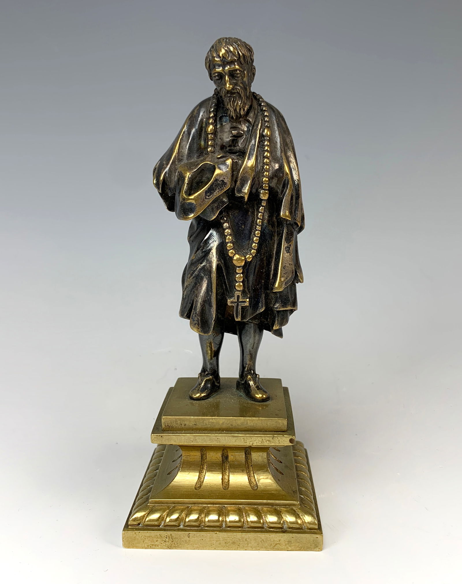 Antique Bronze Sculpture "The Penitent Beggar": Late 19th C, bronze figure in the style of Jacques Callot, "The Penitent Beggar with a Rosary", silvered bronze on a gilded bronze base,5.5" tall including base, good condition, normal wear