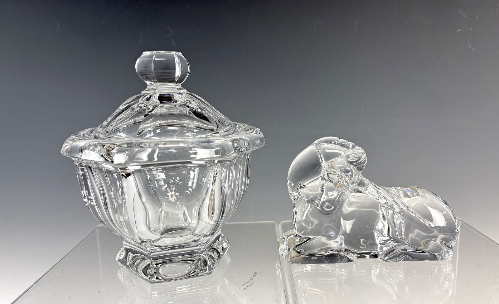 Baccarat Covered Bowl & Unicorn Paperweight sgd: Lot of two Baccarat crystal items includes a beautiful covered condiment bowl with lid and a figural Unicorn paperweight, both signed, both very good condition, bowl 5.5" x 5", Unicorn 3.25' X 4.5&rdq