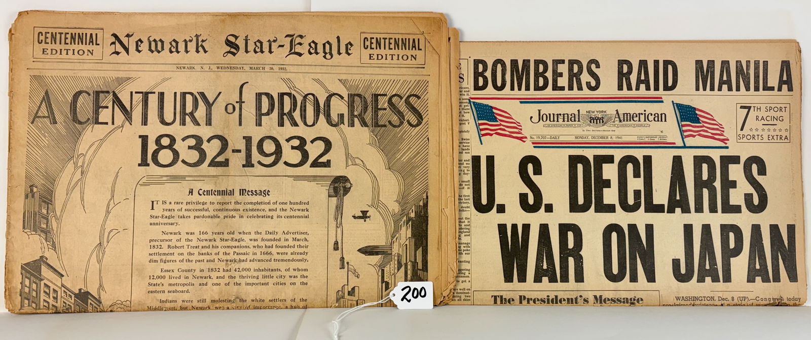 War Headlines & Century of Progress Newspapers: A pair of historic newspaper front pages including the New York Journal dated December 8, 1941 announcing the declaration of war, and the Newark Star-Eagle Centennial edition titled “A Century of
