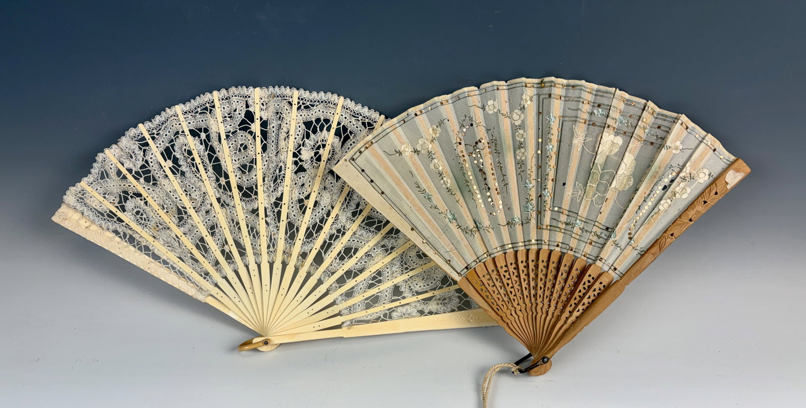 Pair Antique Lace & Silk Hand Fans (1 of 5)
