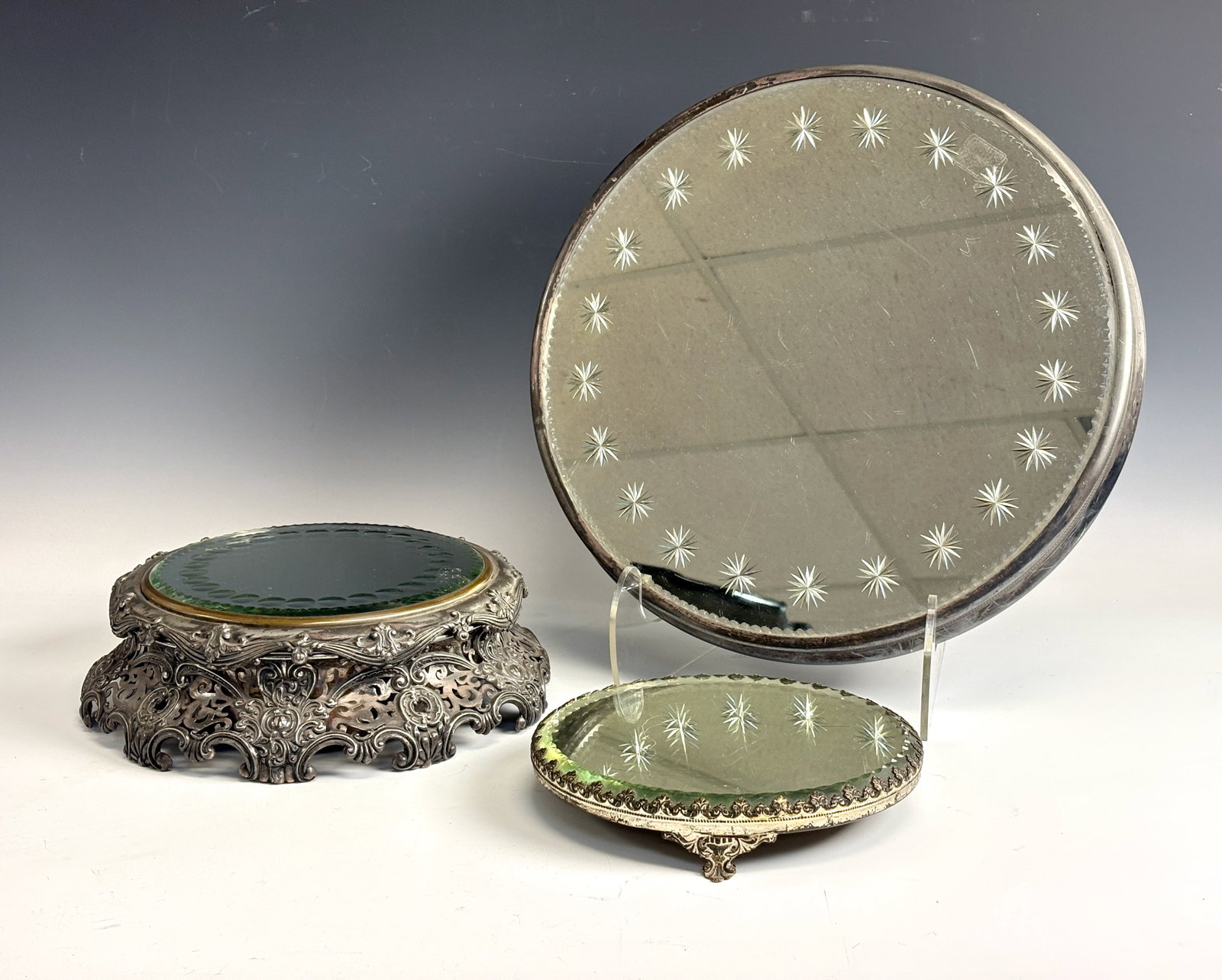 Three Silverplate Beveled Mirrored Plateaus (1 of 2)