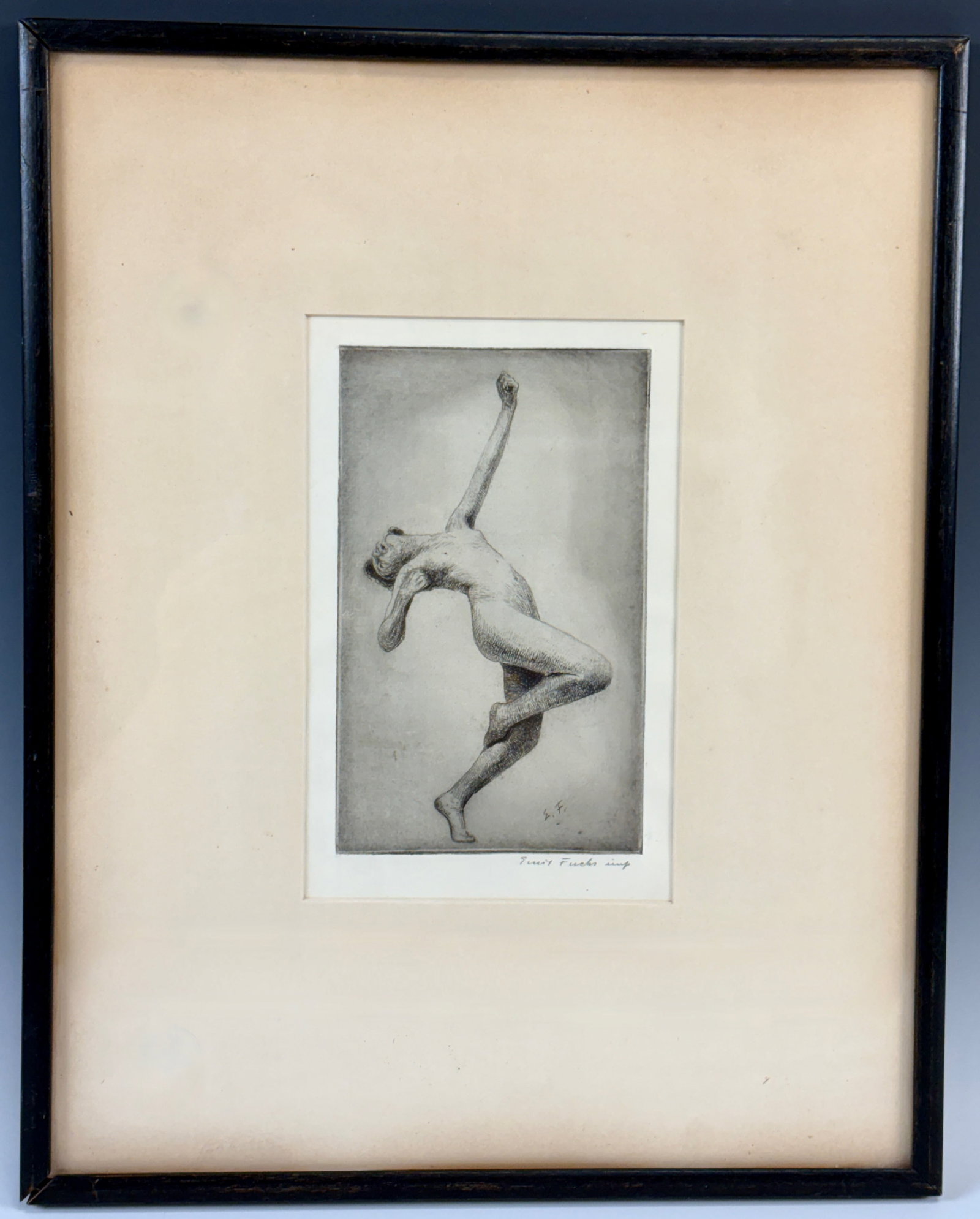 Emil Fuchs Art Deco Etching: Emil Fuchs (Austrian-American 1866-1929) original etching on hand woven paper of a lady in an art deco pose, signed lower right "Emil Fuchs" and "EF", reverse with framer information, good condition,