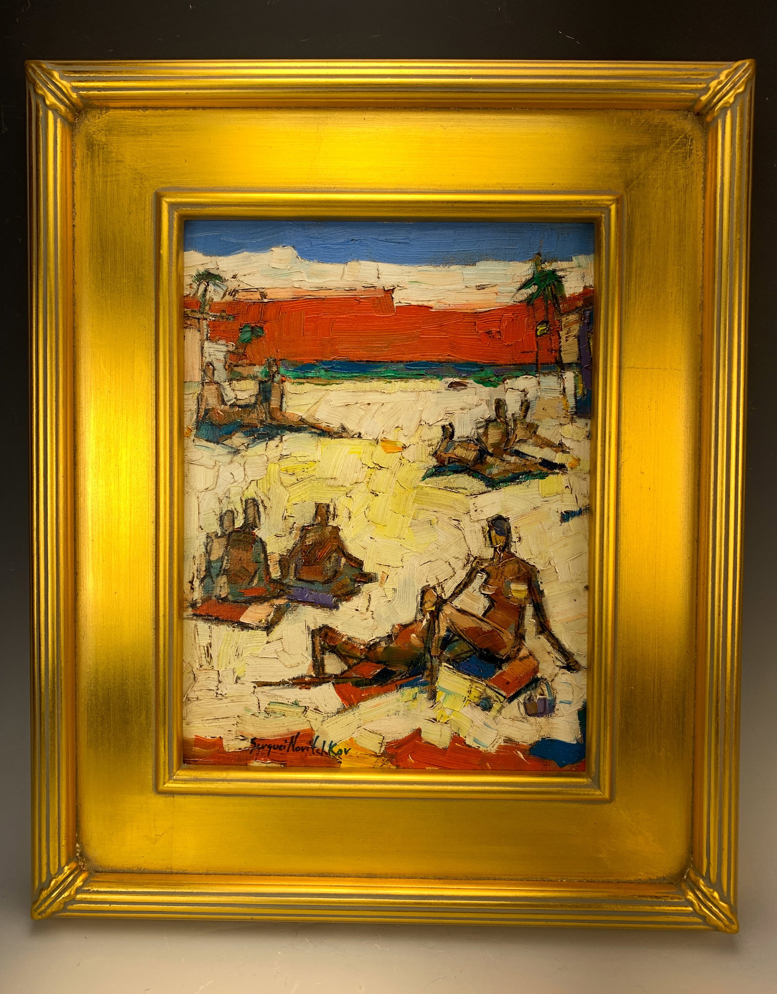 Serguie Novitchkov "Weekend Splendor" Oil Painti: Impressionist oil on board titled Weekend Splendor by classically trained artist destined for a great future having studied at The Art Institute of Moscow, signed lower left, sight 12" x 9", framed
