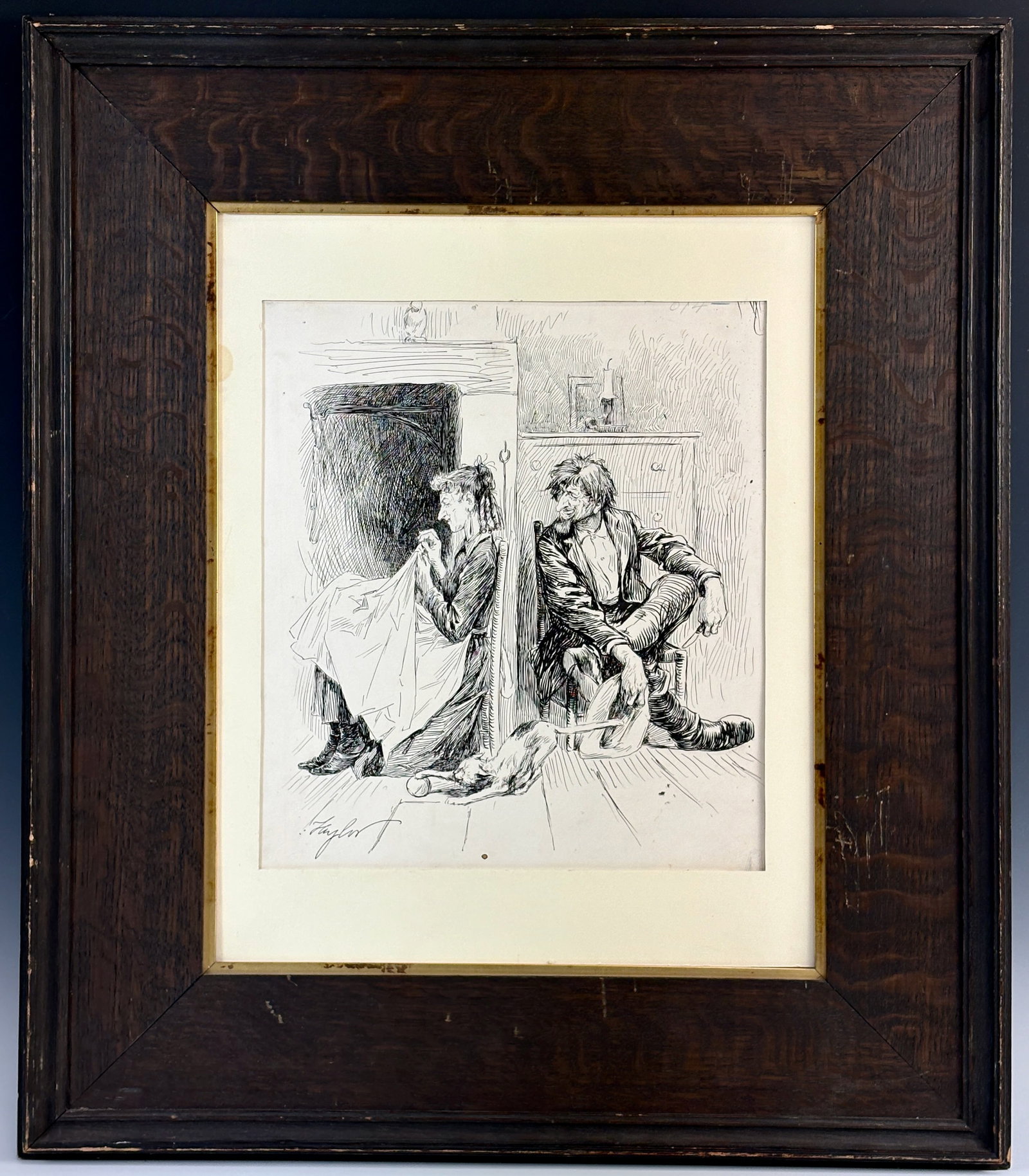 Antique Pen & Ink Illustration sgd Taylor: Circa 1900, nicely done pen and ink illustration of a man gazing at a lady while she does needlework as a cat plays, matted and framed in oakwood frame, sight 12" x 10.5", framed 23.5" x 20"