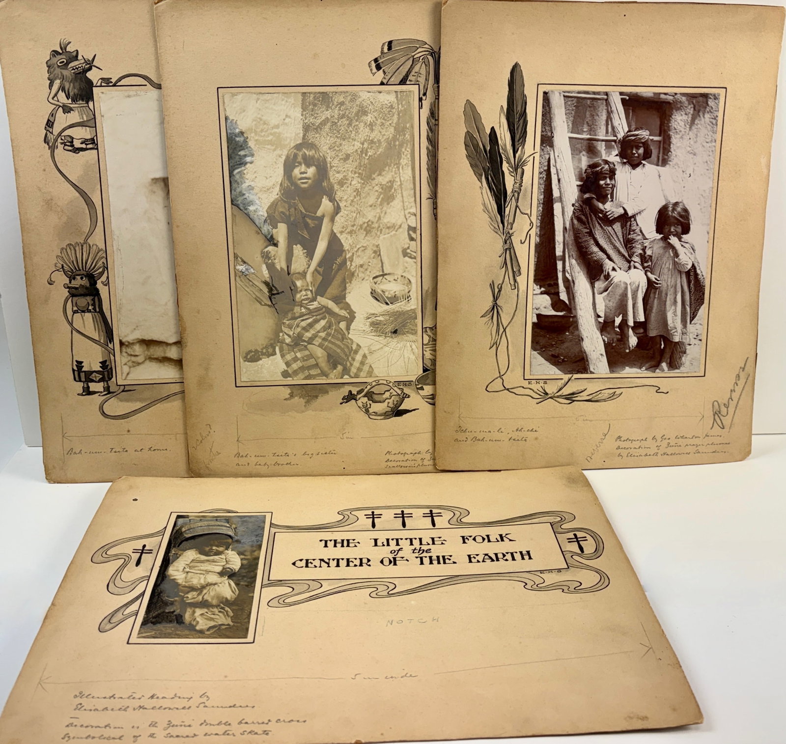 4 Native American Photographs Saunders & Wharton: Interesting group of four photographs of Native American Indians by George Wharton James, mounted on board with illustrations and notations by Elizabeth Hallowell Saunders. Saunders was a well known