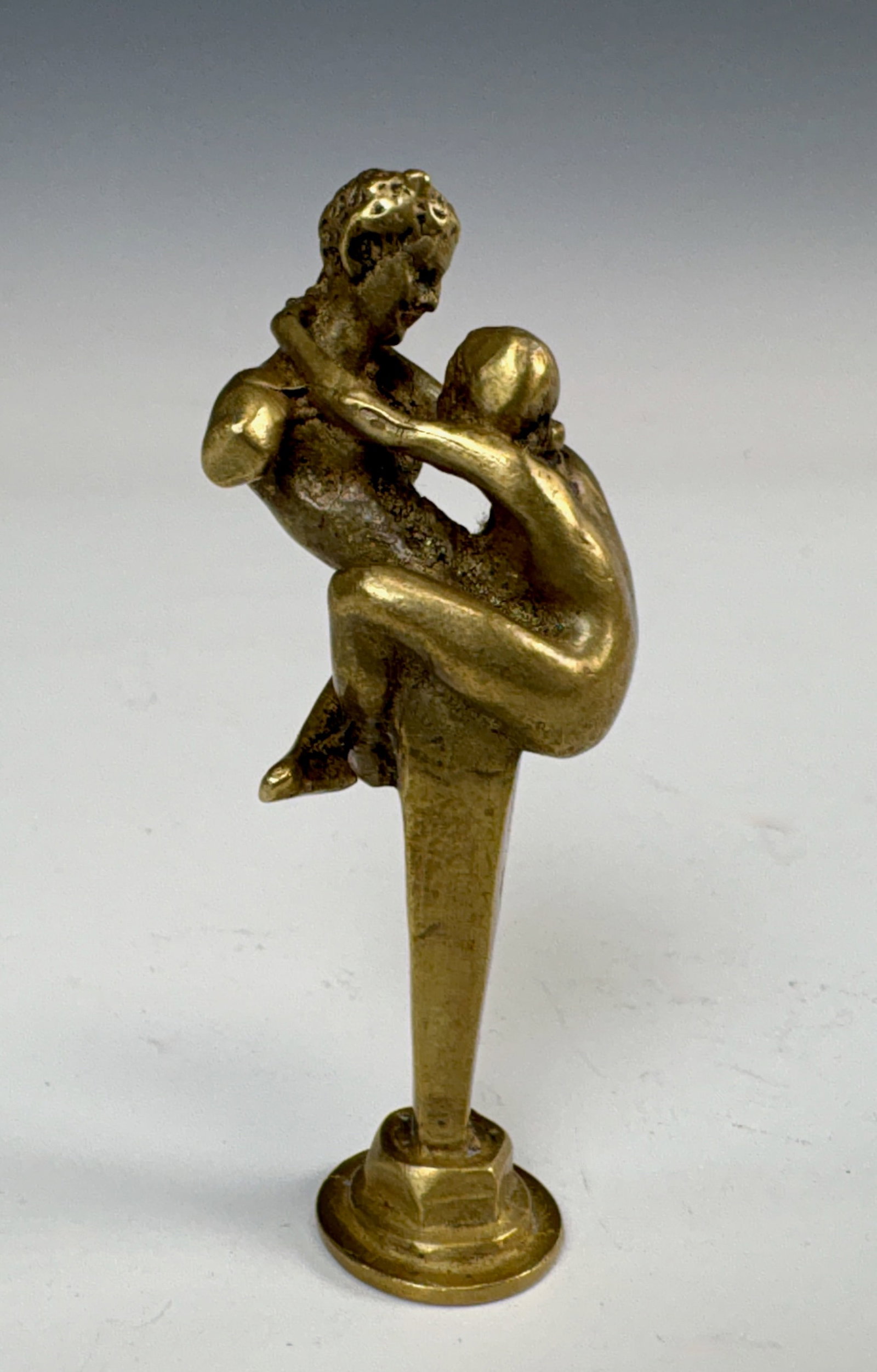 Erotic Bronze Letter Seal of Satyr & Nude: Circa 1900, great example of antique figural erotica, a letter seal modeled as a satyr being embraced by a nude female, very good condition, 2.87" tall.Eligible for in-house shipping (U.S. only).