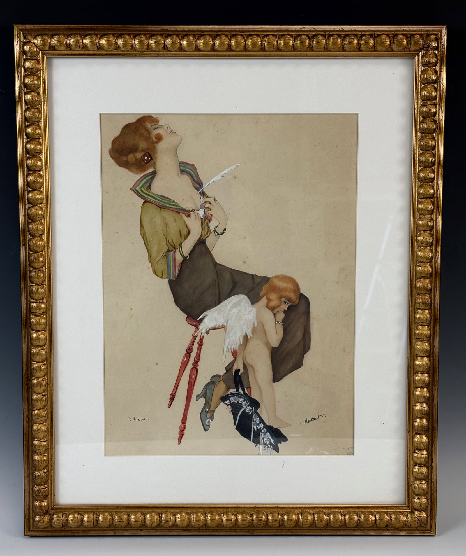 Antique "Shot in the Heart" Gouache after Kirchner: Circa 1930 a watercolor/gouache painting of a lady getting Cupid's arrow in the heart, Cupid holding her hat, signed "Retlaw" (After Raphael Kirchner), very good condition, slight time darkening,