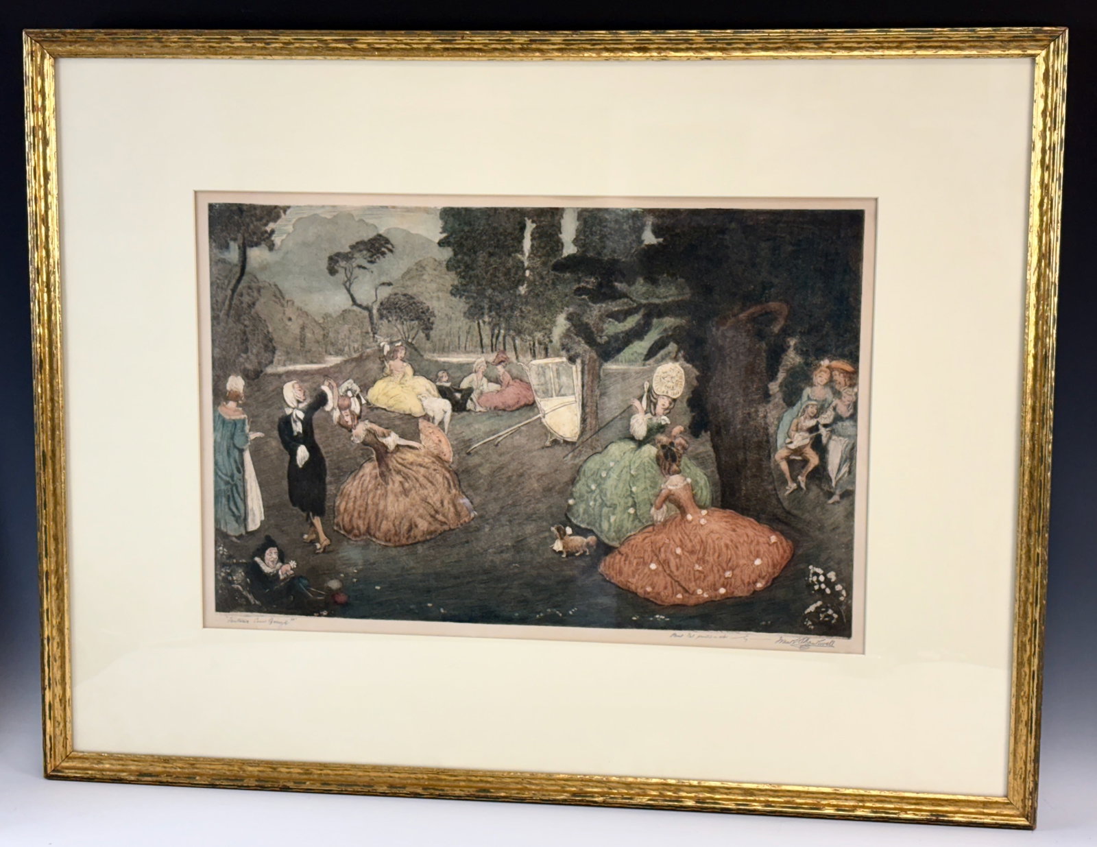 Garden Party Antique Print Fantasia Louis Quinoye: Circa 1930 or earlier, a large matted colorful print, probably a lithograph, in the style similar to Russian artist Konstantin Somov for the Book of the Marquise. Signed in pencil on left "Fantasia Lo