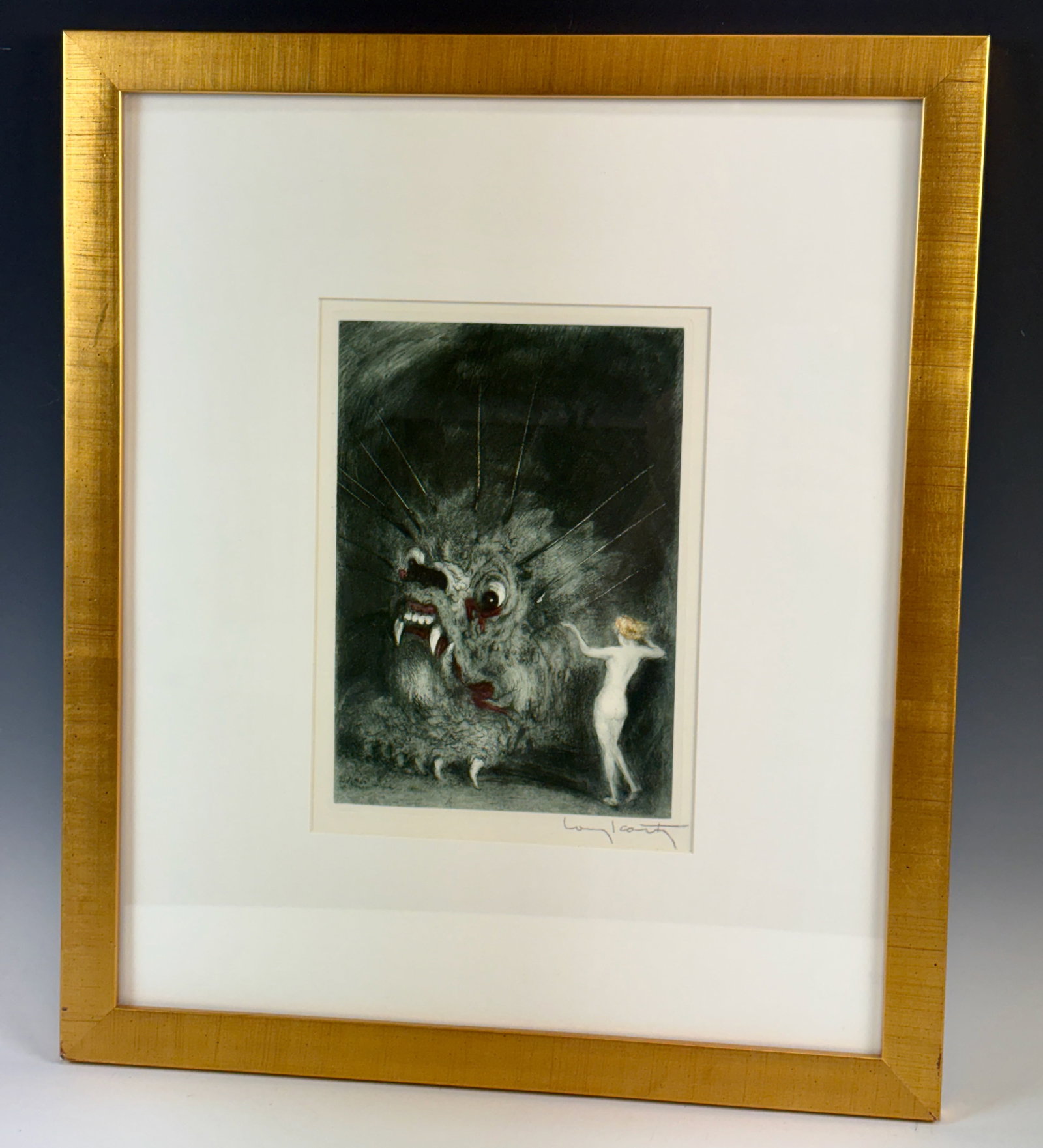L Icart Les Amours de Psyche et De Cupidon Etching: Louis Icart (France 1888-1950) Circa 1949, edition of 150, Rare etching with dragon and nude from "Les Amours de Psyche et de Cupidon", signed in pencil "Louis Icart" lower right, excellent condition,