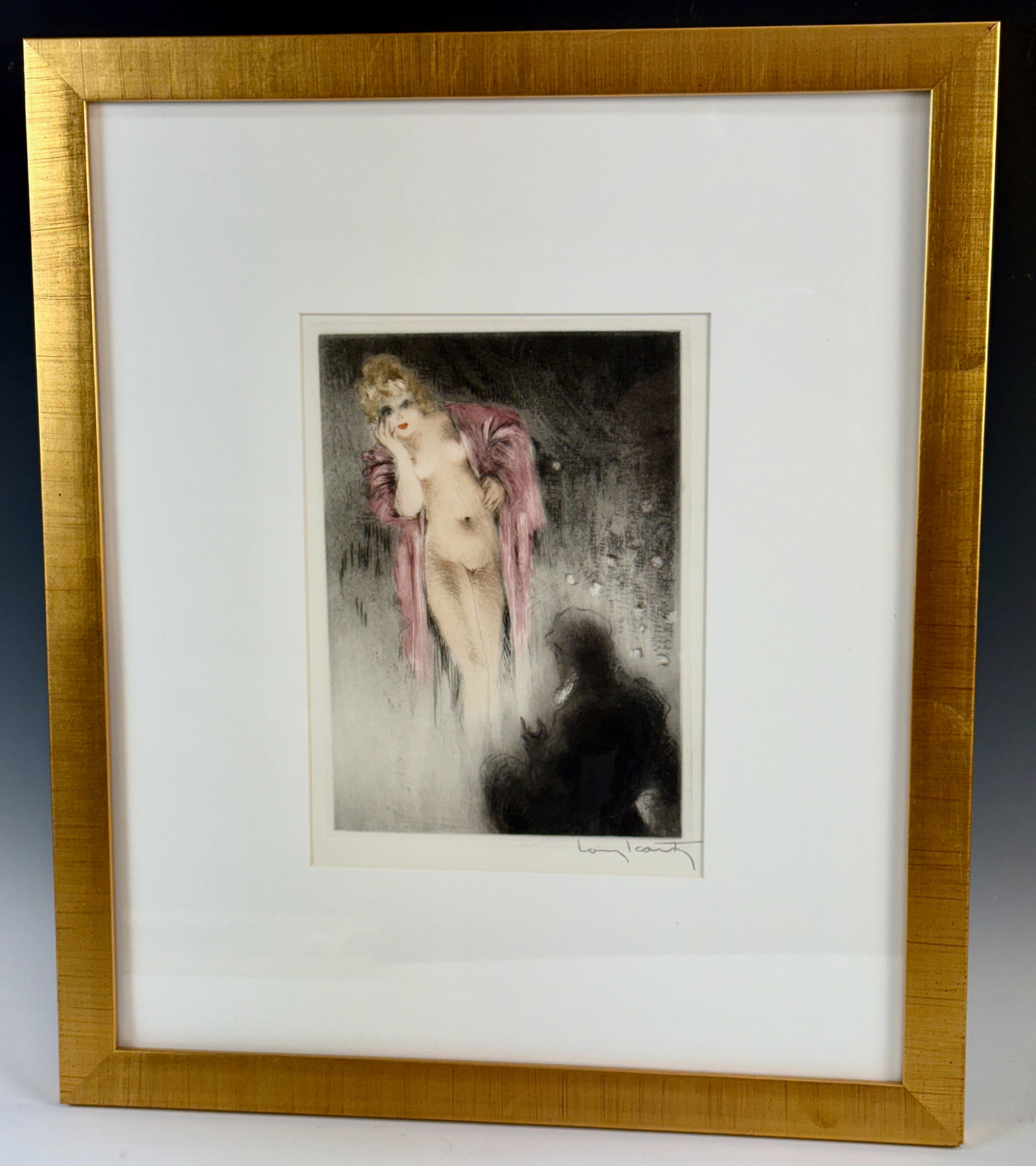 L Icart Les Amours de Psyche et De Cupidon Etching: Lous Icart (France 1888-1950) Rare etching of a lady with a dagger from "Les Amours de Psyche et de Cupidon", circa 1949, edition of 150, matted and frames, signed lower right "Louis Icart" , excellen