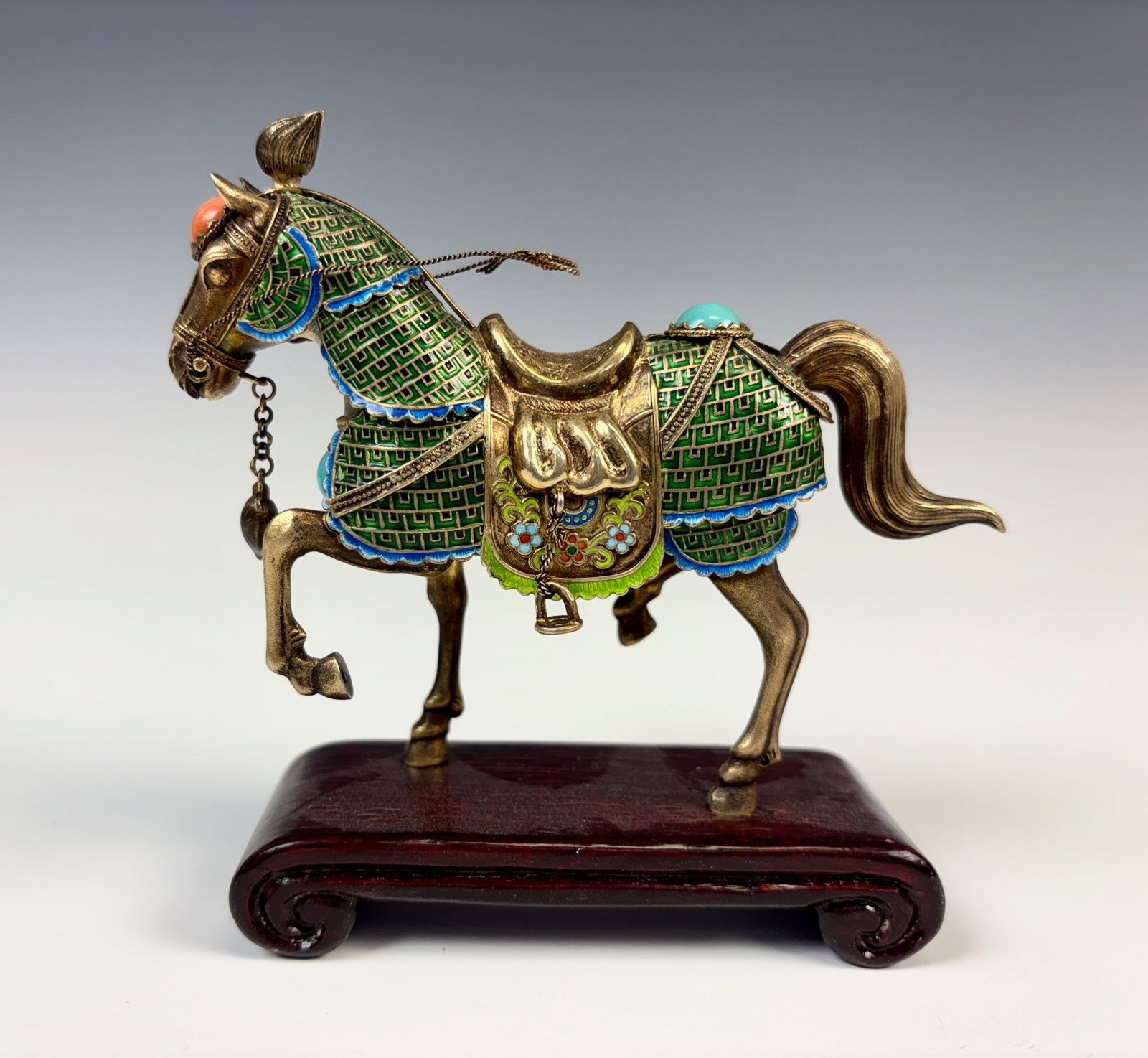 Chinese Silver & Enamel Horse w Turquoise & Coral (1 of 2)