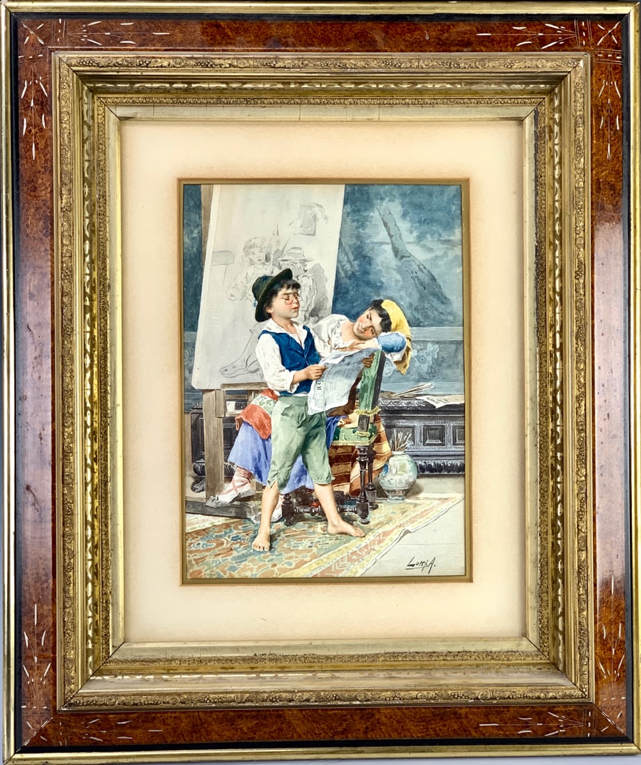 A. Lotti Fine Italian Watercolor C. 1880: Very fine late 19th century watercolor depicting a young couple who are modeling for the artist, ,mounted in a wood and gilt frame, signed on lower right "Lotti. A", very good condition, sight 10.5"