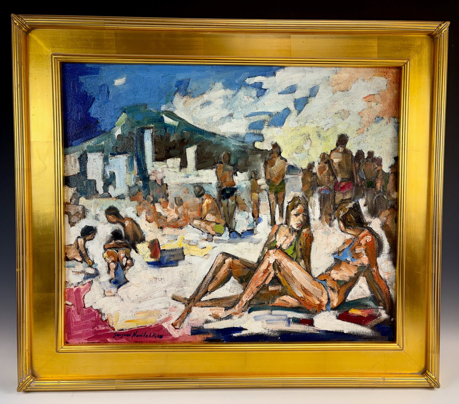 Serguie Novitchkov Painting "At the Beach": Serguie Novitchkov (Russia b 1969-) Original oil painting of a beach scene in an impressionist and nearly abstract style. this up and coming impressionist artist was born in Russia and now resides in
