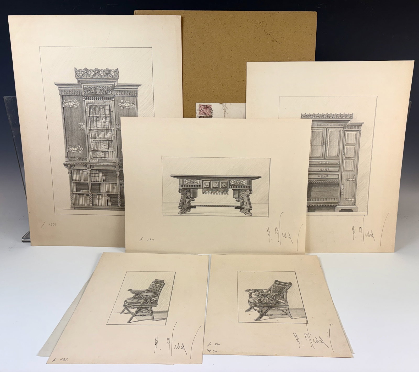 Frederic Vidal sgd Furniture Illustrations: Frederic Vidal (Barcelona 1882-1950) four signed original pencil drawings of furniture designs by this prominent artist, woodworker and furniture designer central to the modernism movement in Spain