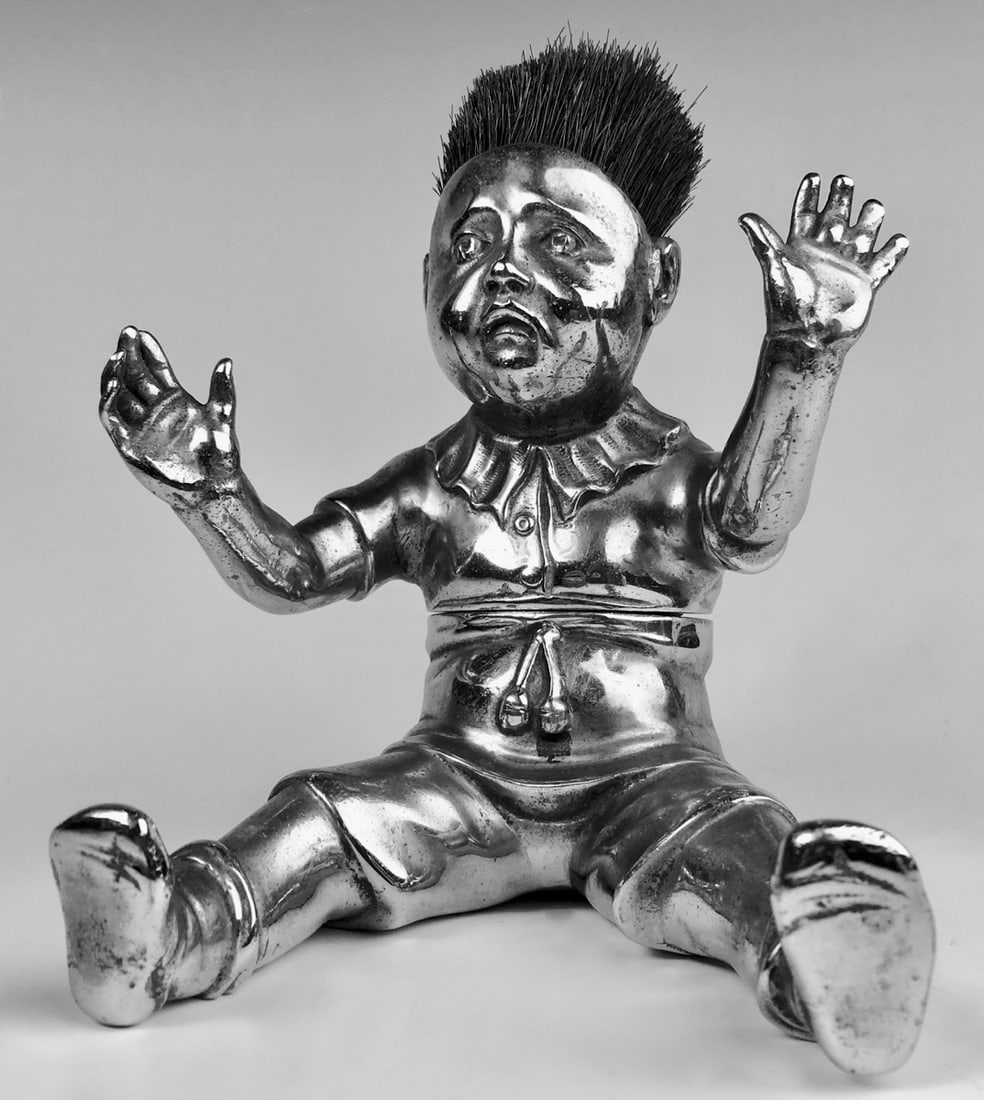 Antique Crying Baby Bronze Inkwell & Pen Wipe: Circa 1880, rare seated crying baby figure opens at its hinged waist to reveal the inkwell, his raised hair is the pen wipe, very good condition, 5.25" height. Eligible for in-house shipping (U.S.