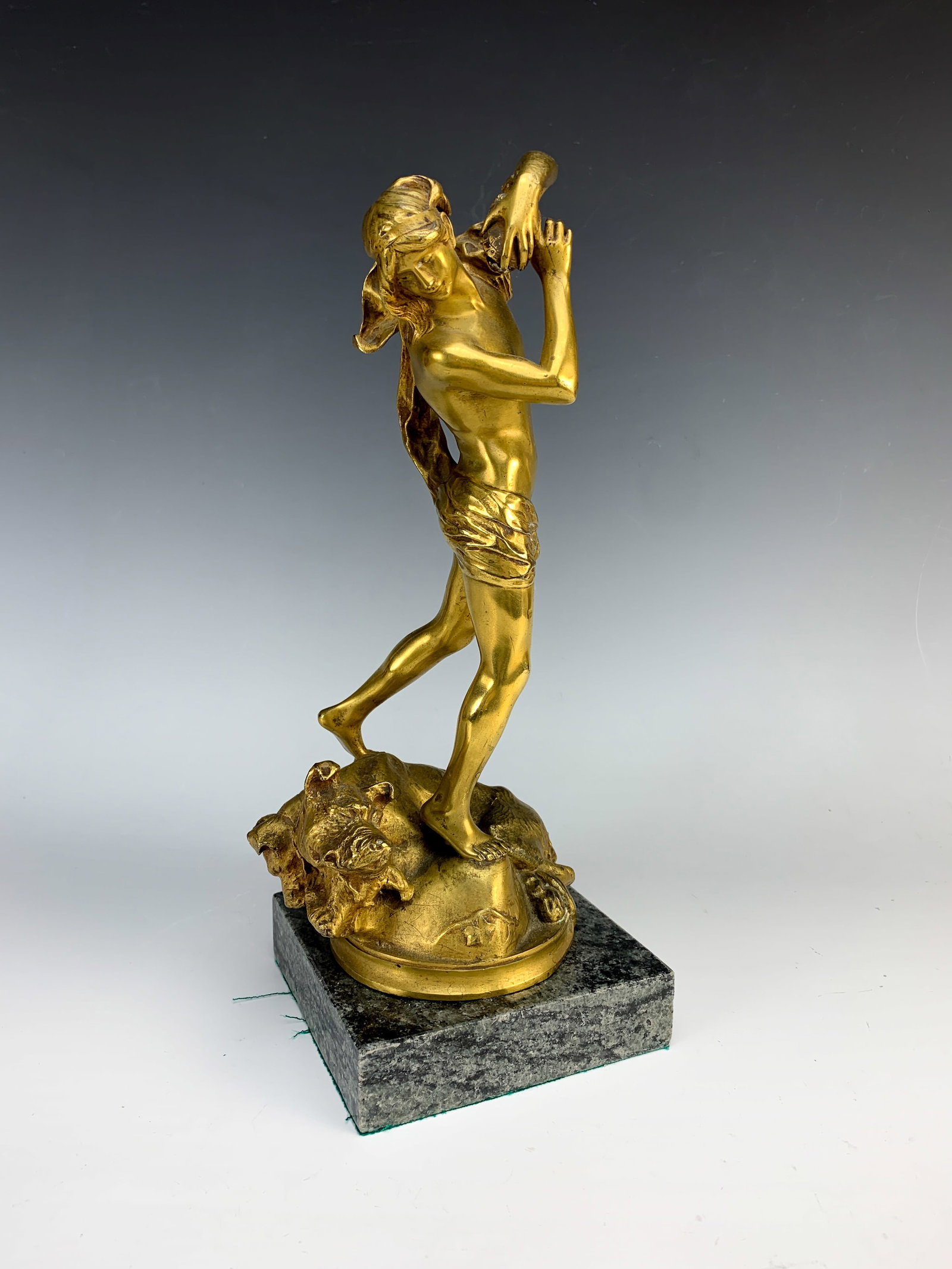 Henri Peinte Orpheus & Cerberus Dore Bronze: Henri Peinte (1845-1912) Wonderful dore bronze sculpture of Orpheus putting Cerberus (3 headed dog) to sleep from Greek mythology. Cast during the Art Nouveau period, circa 1890. Signed H. Peinte,