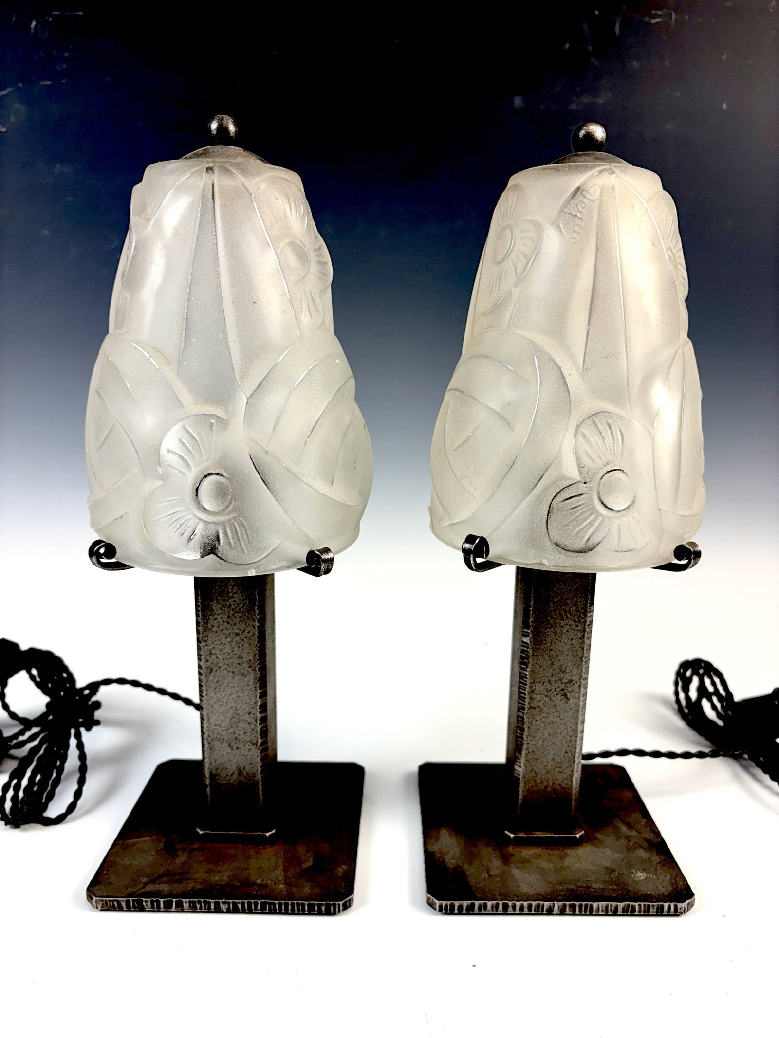 Pair of Art Deco Signed Degue Boudoir Lamps (1 of 7)