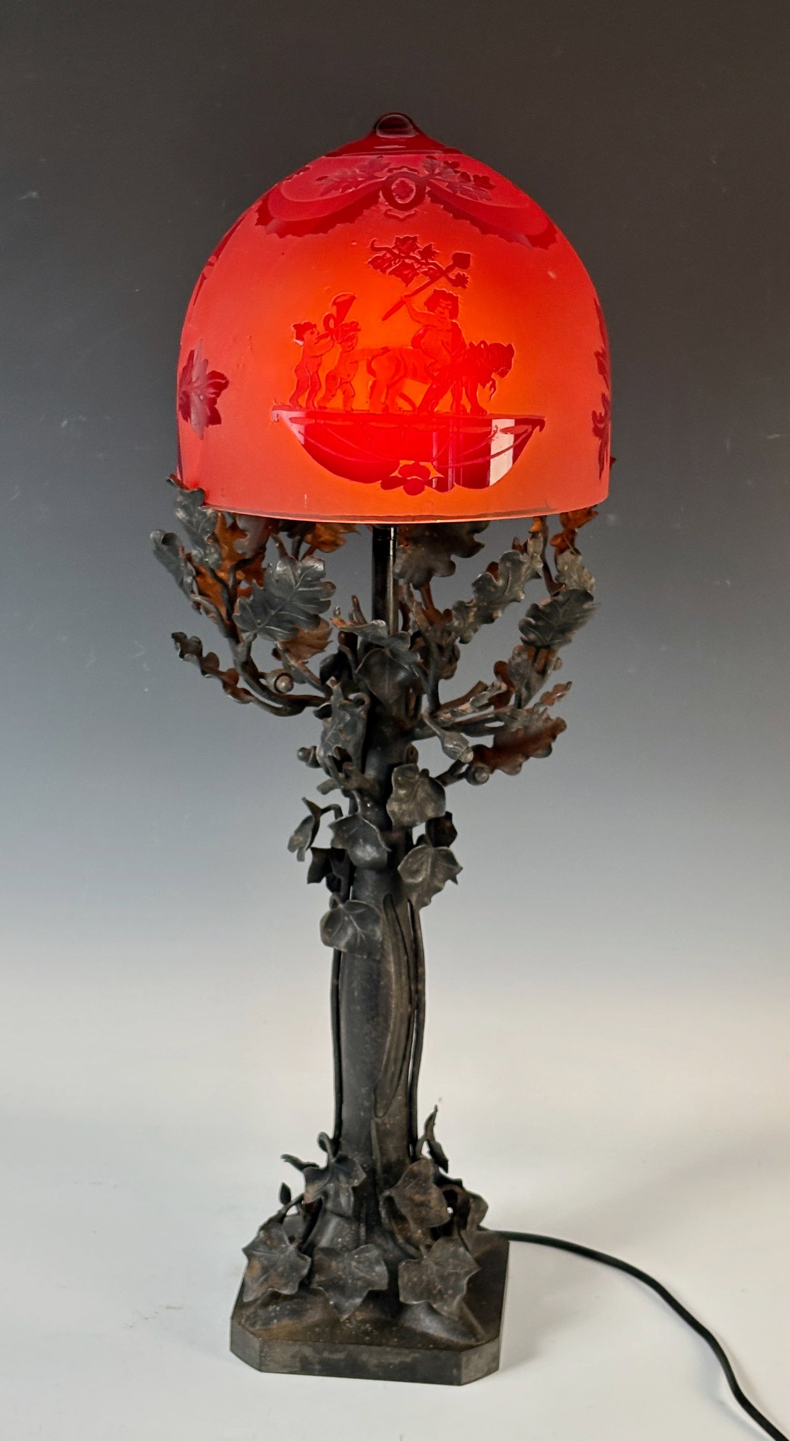 Iron & Acid Etched Scenic Art Glass Lamp (1 of 7)
