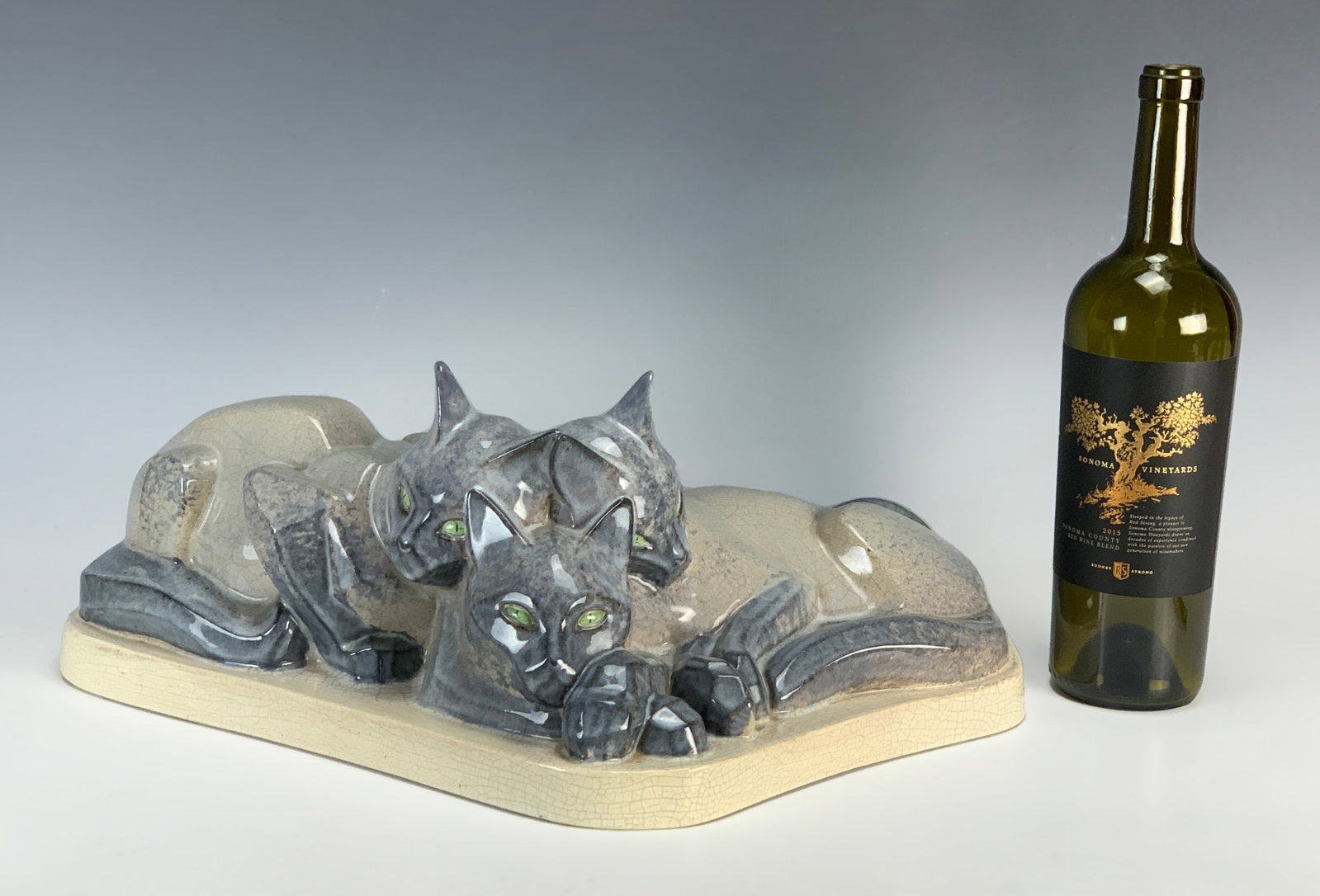 Gabriel Beauvais Art Deco Ceramic Cats Figurine: Circa 1930, signed, French Art Deco cubist "Three Cats" by Gabriel Beauvais, ceramic sculpture is made in a gray blue glaze. Signed "Edition's Kasa France". Also signed G. (Gabriel) Beauvais who was