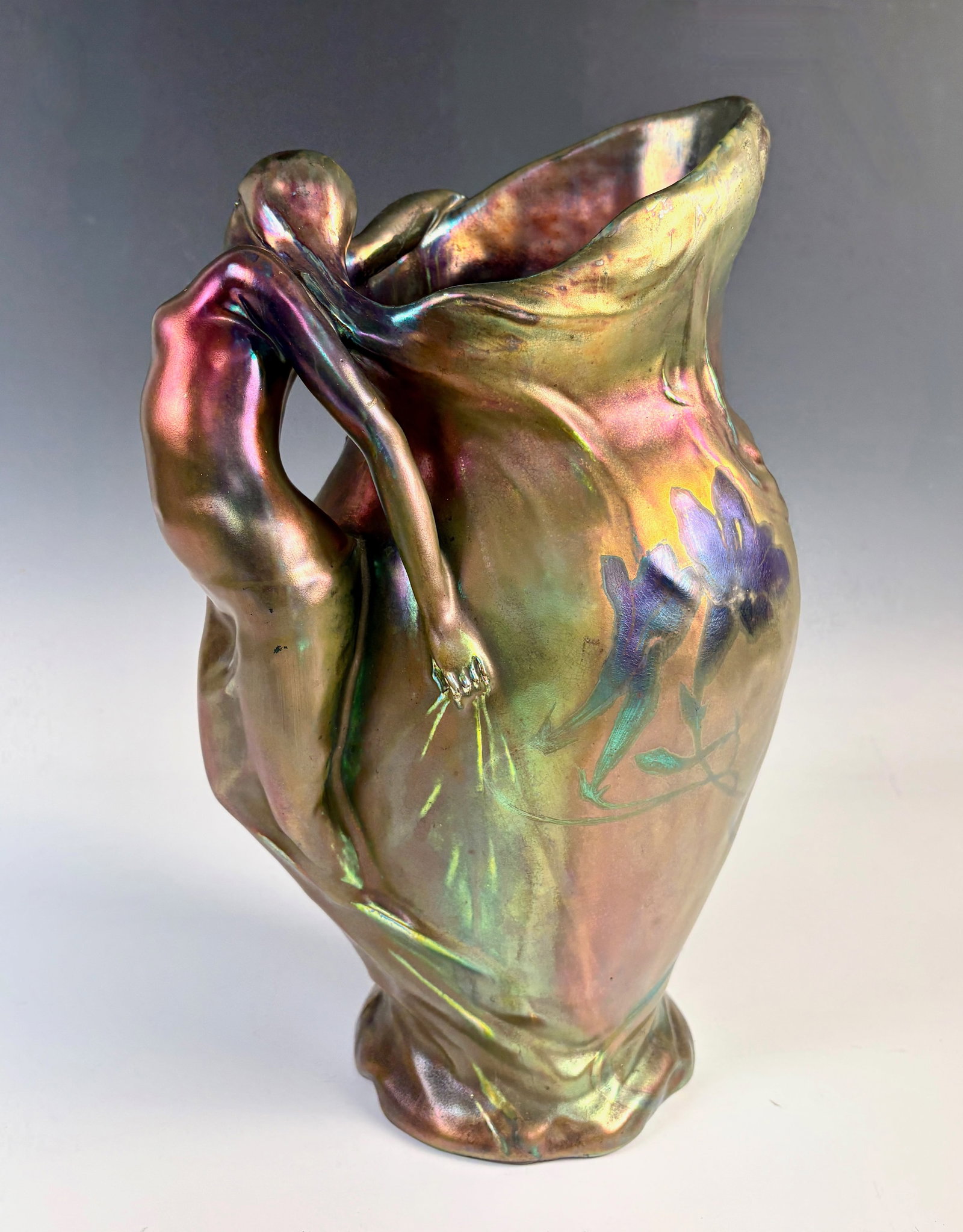 Delphin Massier Pitcher with Grotesque Face & Nude: Delphin Massier (France 1836-1907) Quite rare, no other examples found, a large iridescent ceramic pitcher having a grotesque face, handle modeled as a female nude figure, has original tin liner with