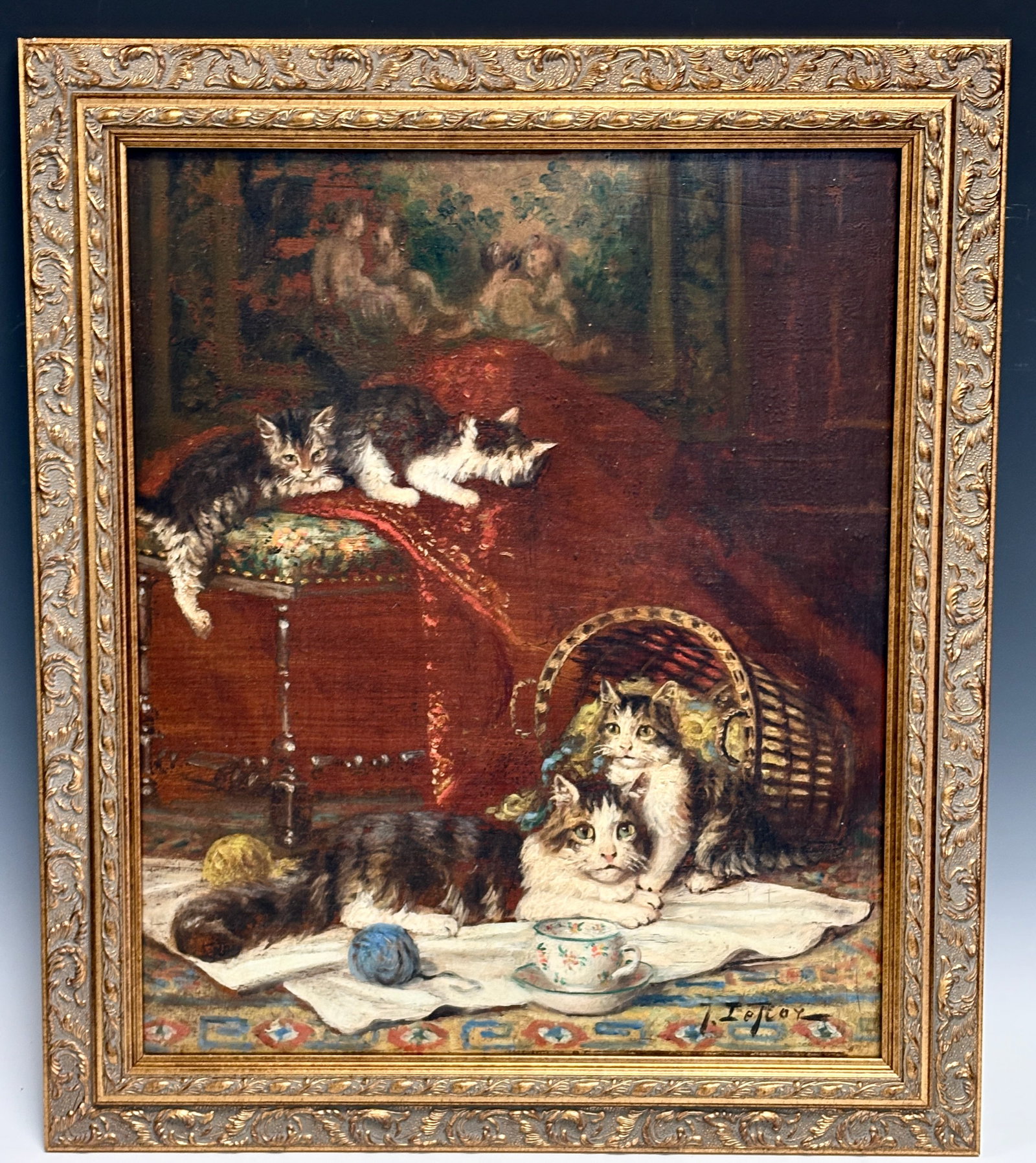 Jules LeRoy Cat Family Painting: Jules LeRoy (France 1833-1865) oil on board, charming scene of a family of cats by this artist most well known for his paintings of cats, signed lower right "J LeRoy", very good condition, mounted in