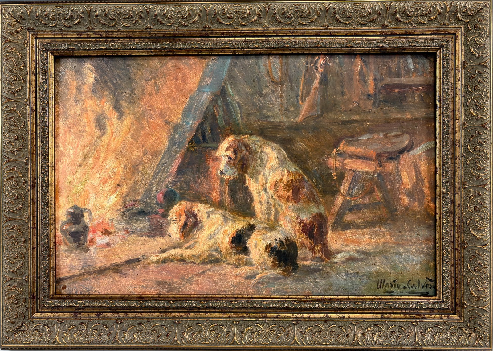 Marie Calves Setters By the Fire Dog Painting: Marie Calves (France 1883-1957) oil on board of two setters seated by the fire by this well listed artist, signed lower right, mounted in a gilt frame, very good condition, sight 8" x 12", framed