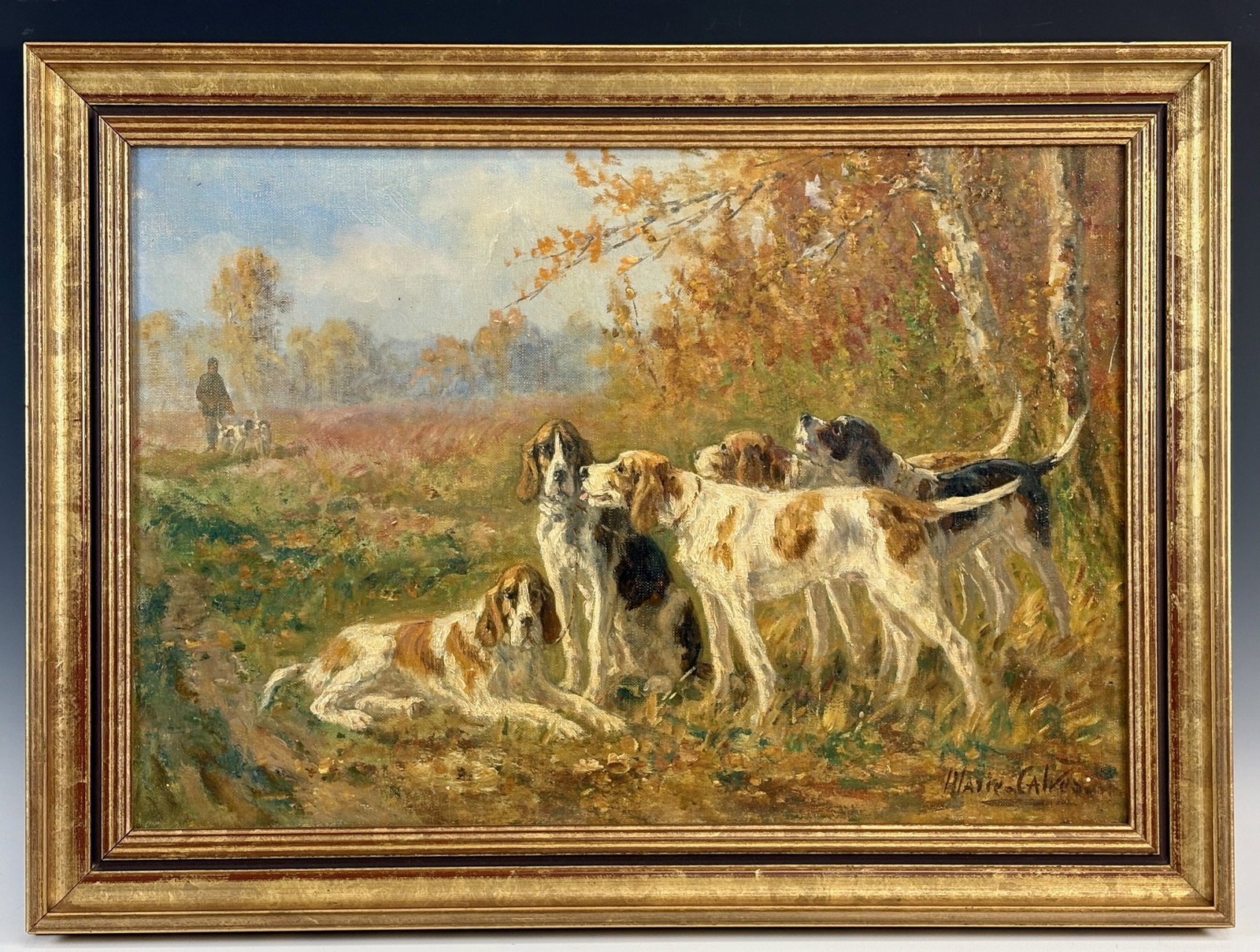 Marie Calves Hunt Scene Painting: Marie Didière Calves (France 1883-1957) oil on canvas dog painting of a group awaiting the hunt, signed lower right, Calves was an artist and engraver who worked in Vignory (Haute Marne) and is well