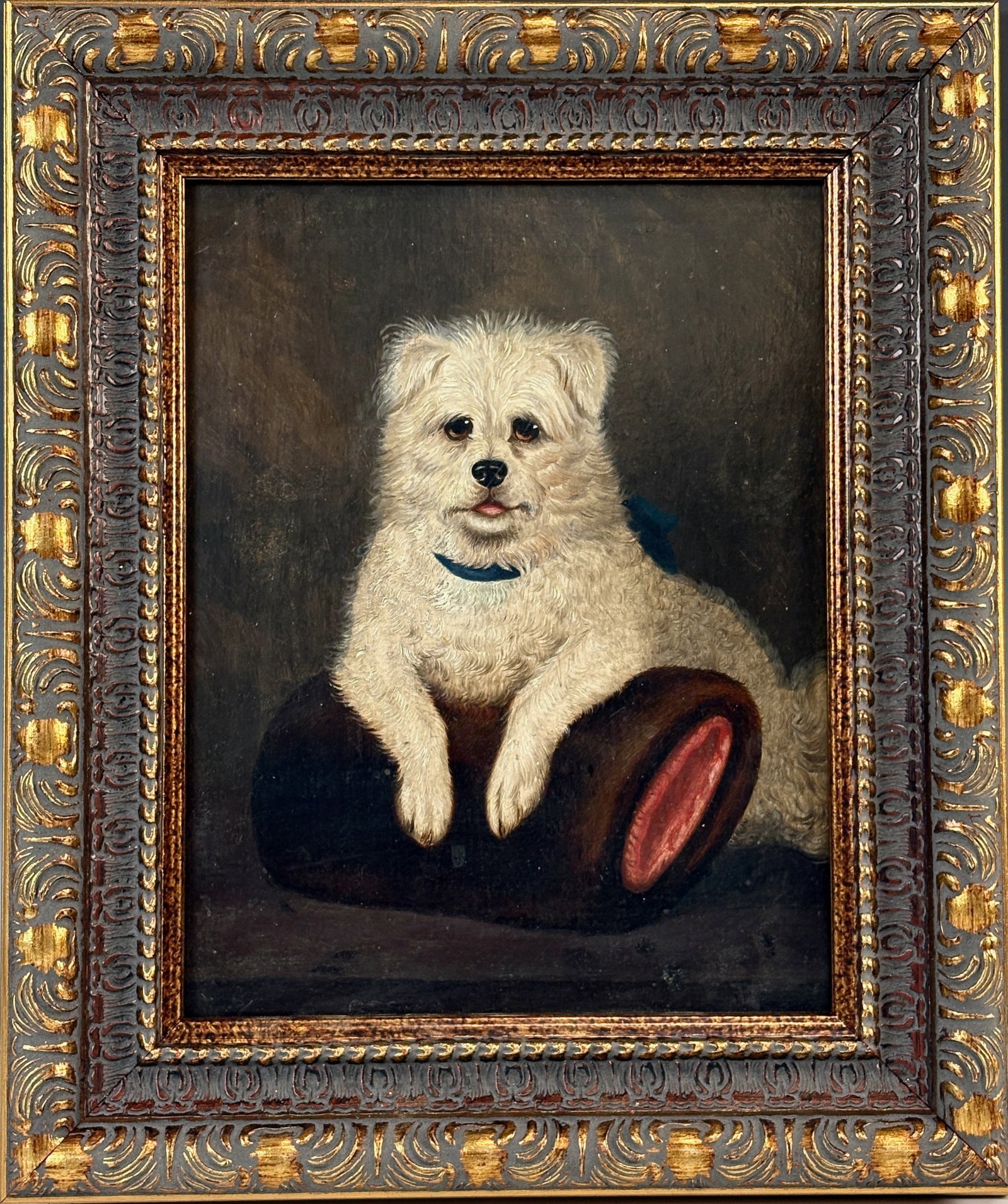 Portrait of White Terrier Antique Oil Painting: Circa 1900, English school, sweet painting of a beloved white terrier dog, unsigned but great quality, very good condition, sight 11" x 8.75", framed 15" x 12.5".Eligible for in-house shipping (U.S. o