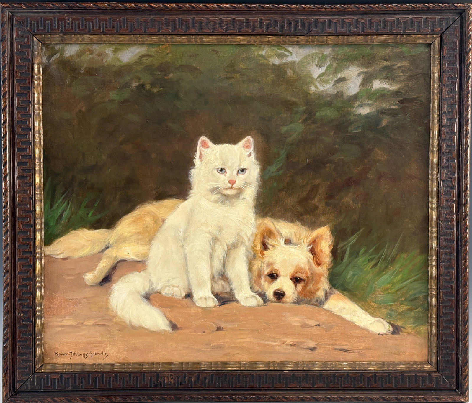 Gabrielle Istvanffy Dog with Cat Painting: Gabrielle Rainer Istvanffy (Hungary 18778-1964) oil on canvas of a resting dog with his cat friend, Istvanffy was a student of Tivadar and Neogrady, mounted in wooden frame, good condition, sight 19" 