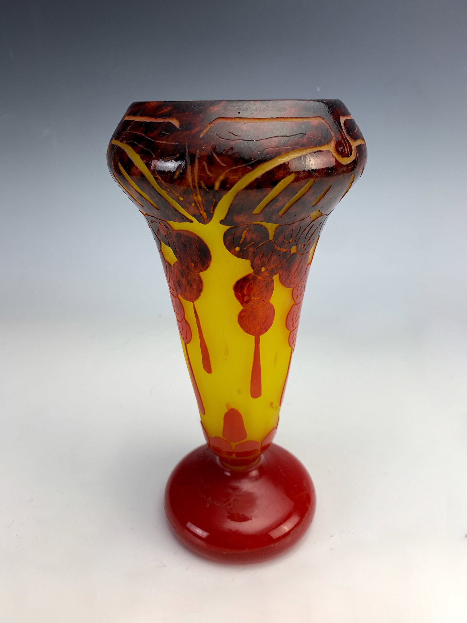 LeVerre Francais Art Deco Cameo Art Glass Vase: Circa 1920, French, a nice signed cameo vase with yellow body and red and deep red cameo berries, 8.25" tall, good condition