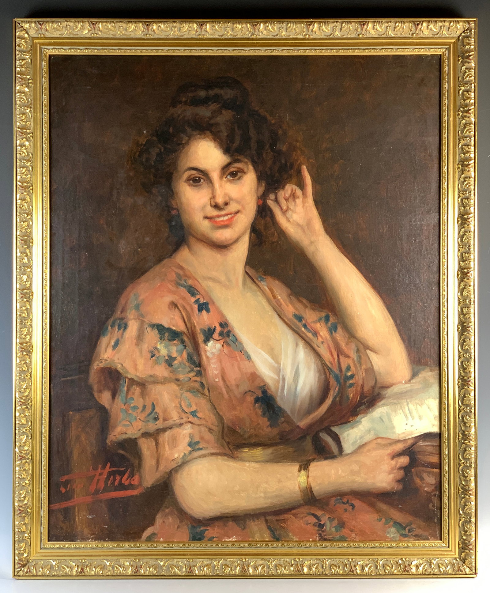 Leon Herbo "Portrait Of A Beauty" Painting: Leon Herbo (Belgium 1850-1907) Oil on canvas by the highly respected artist known for his paintings of beautiful women and a pupil of Legendre and Stallaert at the Academies of Tournai and Brussels. S