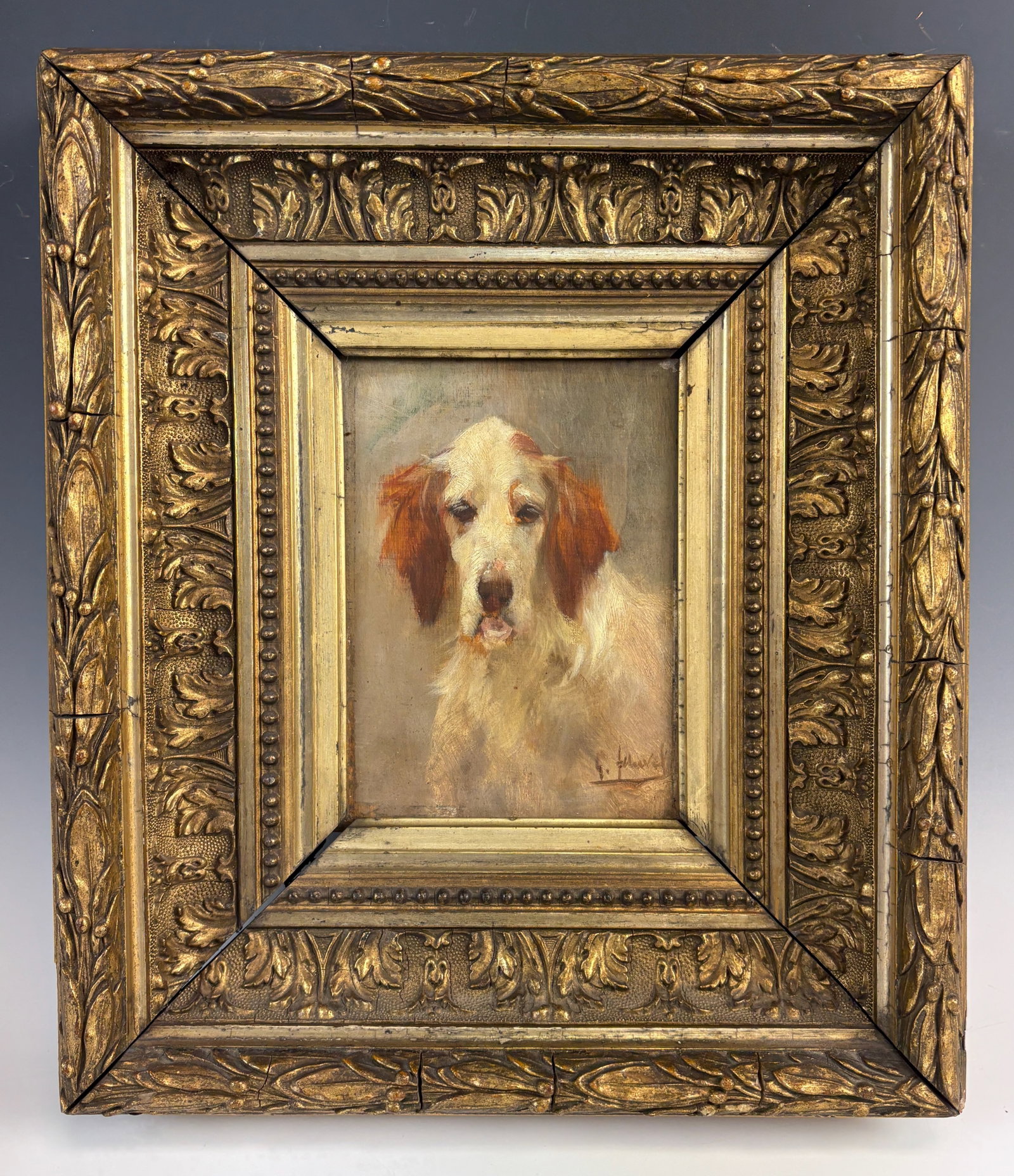 George Henri Fauvel Spaniel Dog Painting: George Henri Fauvel (France 1881-1907) Circa 1900, oil on panel of an portrait of an adorable spaniel by this listed artist most well known for his dog paintings, mounted in an original gilt frame, ve