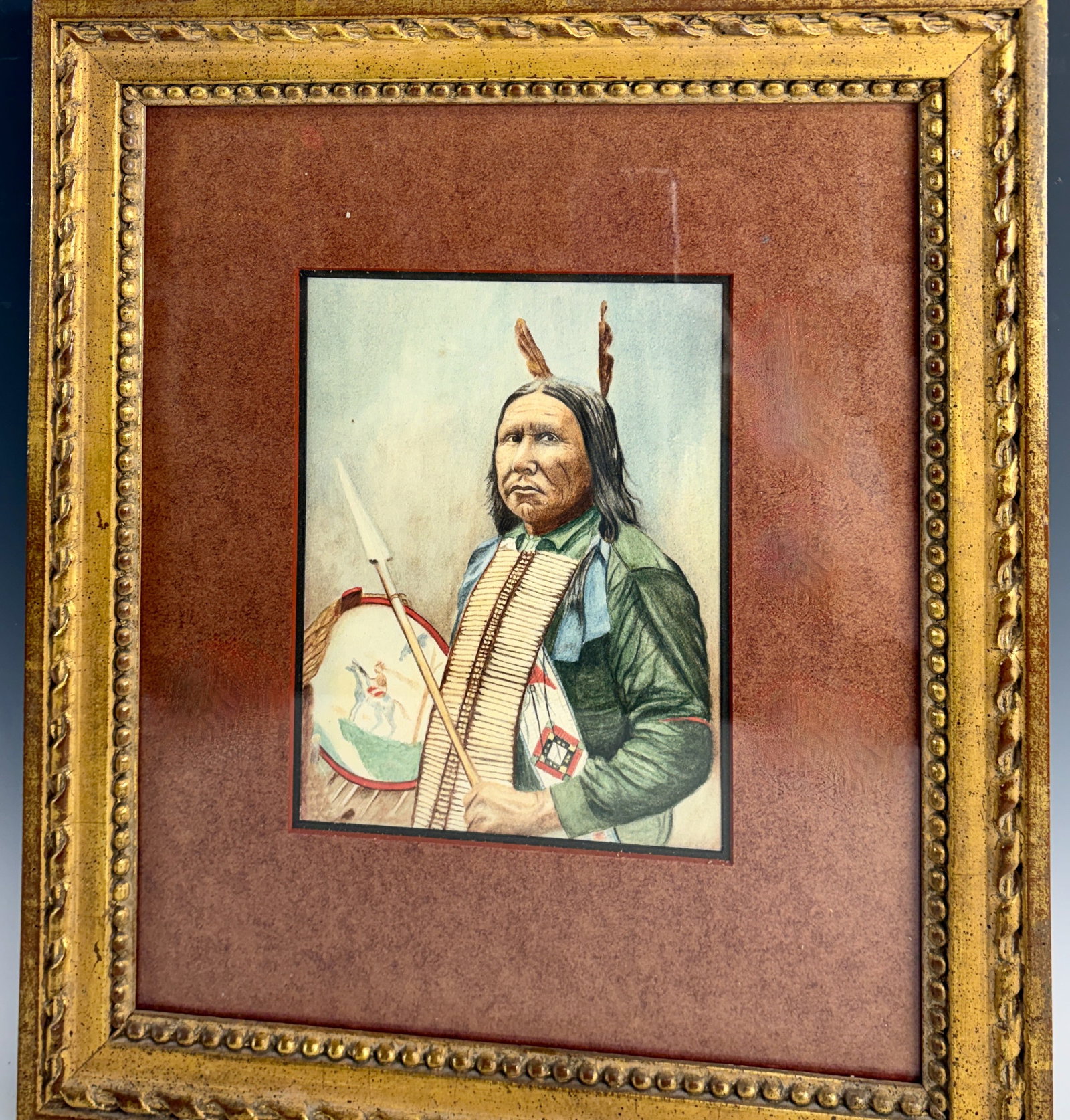 Painting of Important Chief Crazy Bear: This fine watercolor painting appears to date pre 1900. Chief Crazy Bear was Chief of the Assiniboine Tribe, refer to themselves as Nakoda or Nakodabi, are an Indigenous people of the Northern Plains.