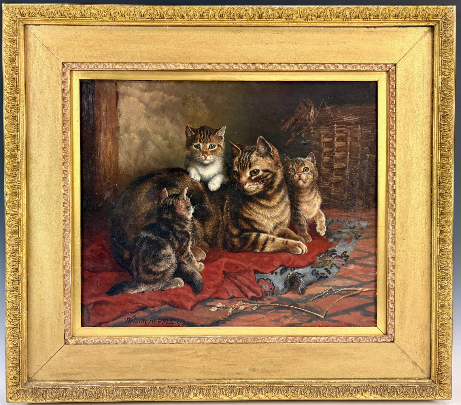 Wilson Hepple Mother Cat & Kittens Painting: Wilson Hepple (British 1854-1937) A fine oil on canvas of a mama cat and her kittens, signed lower left "Wilson Hepple '93" (1893). Hepple, nicknamed "Cat Man" was a Victorian painter best known for h