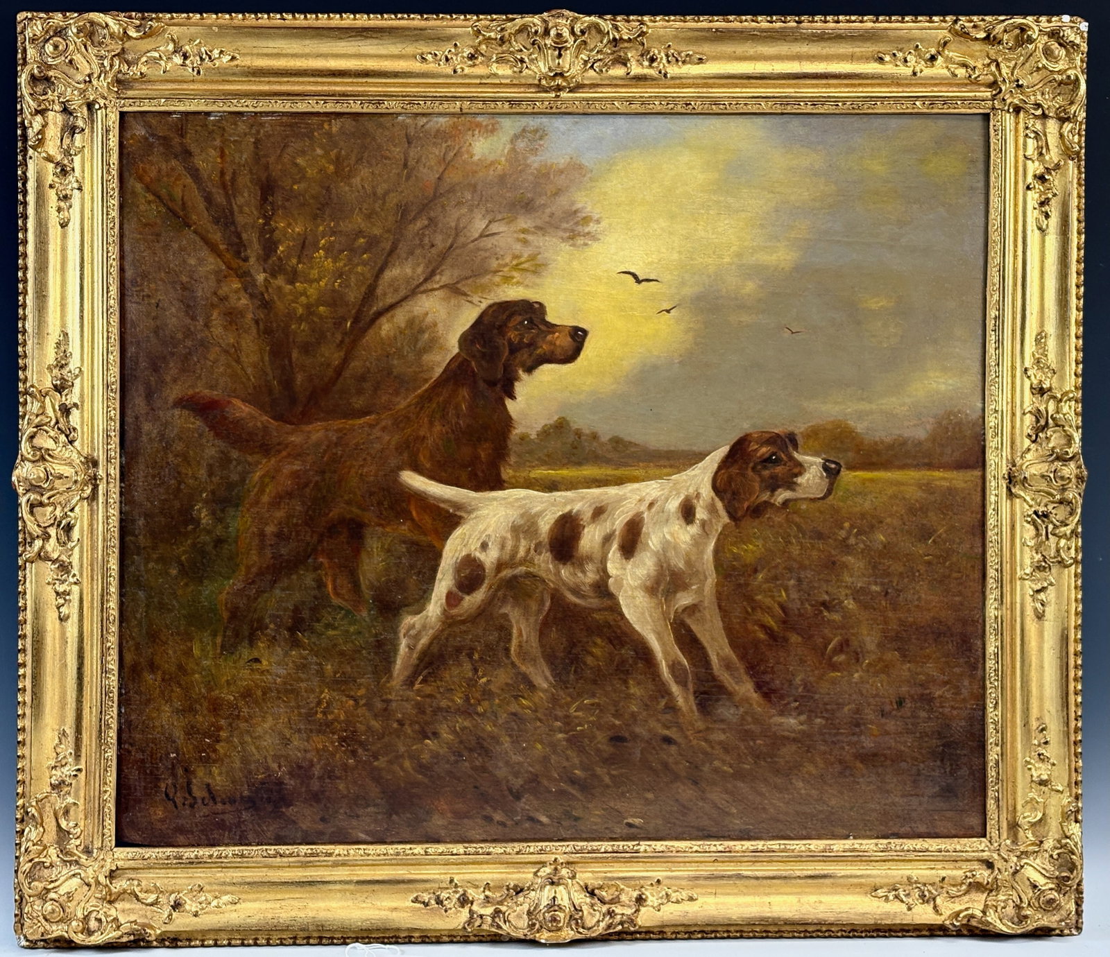 Paul Schouten Hunting Dogs in the Field Painting: Paul Schouten (Belgium 1860-1922) Circa 1890, oil on board of two setters in the field, signed lower left "P. Schouten", mounted into a fine ornate gilt frame, good condition, sight 23" x 28", framed 