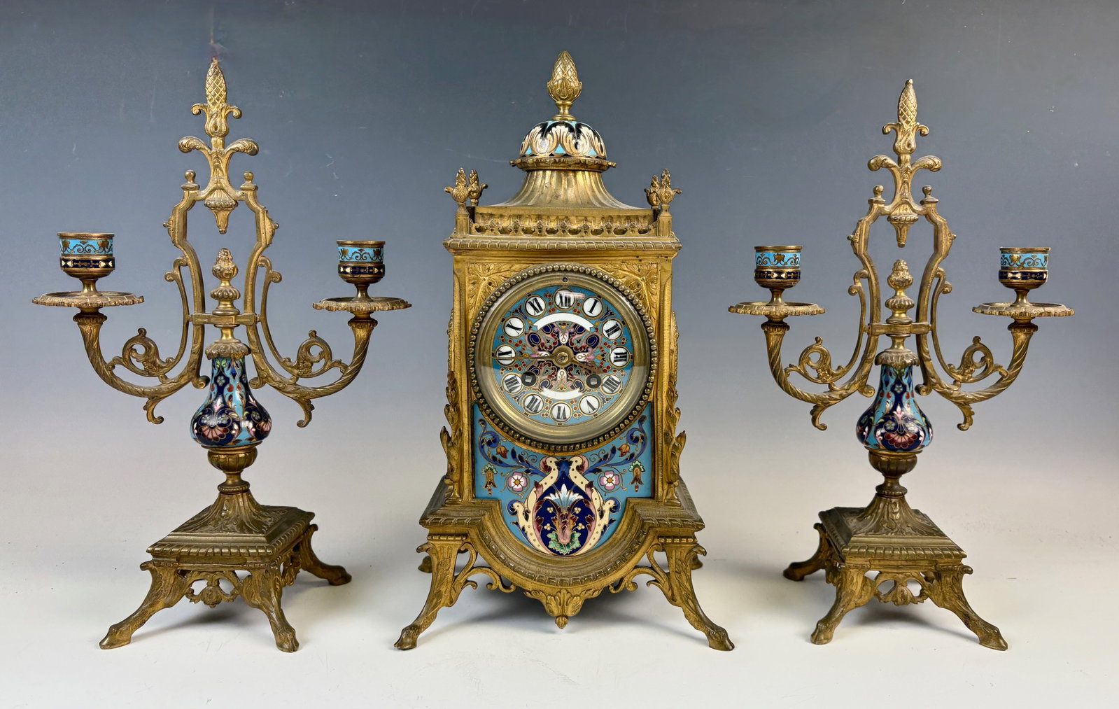 19th C. Champleve and Bronze Clock Garniture (1 of 6)